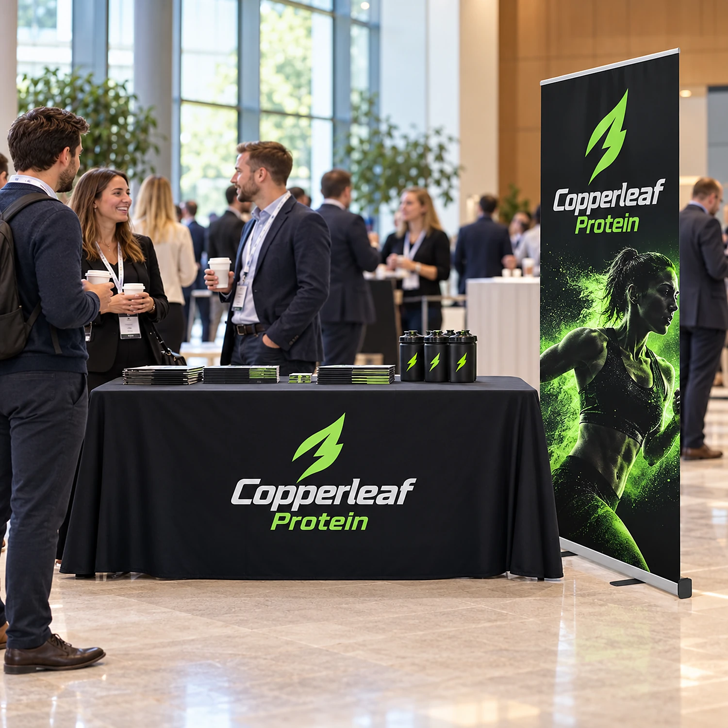 Roller banner and printed tablecloth bundle at a conference networking area
