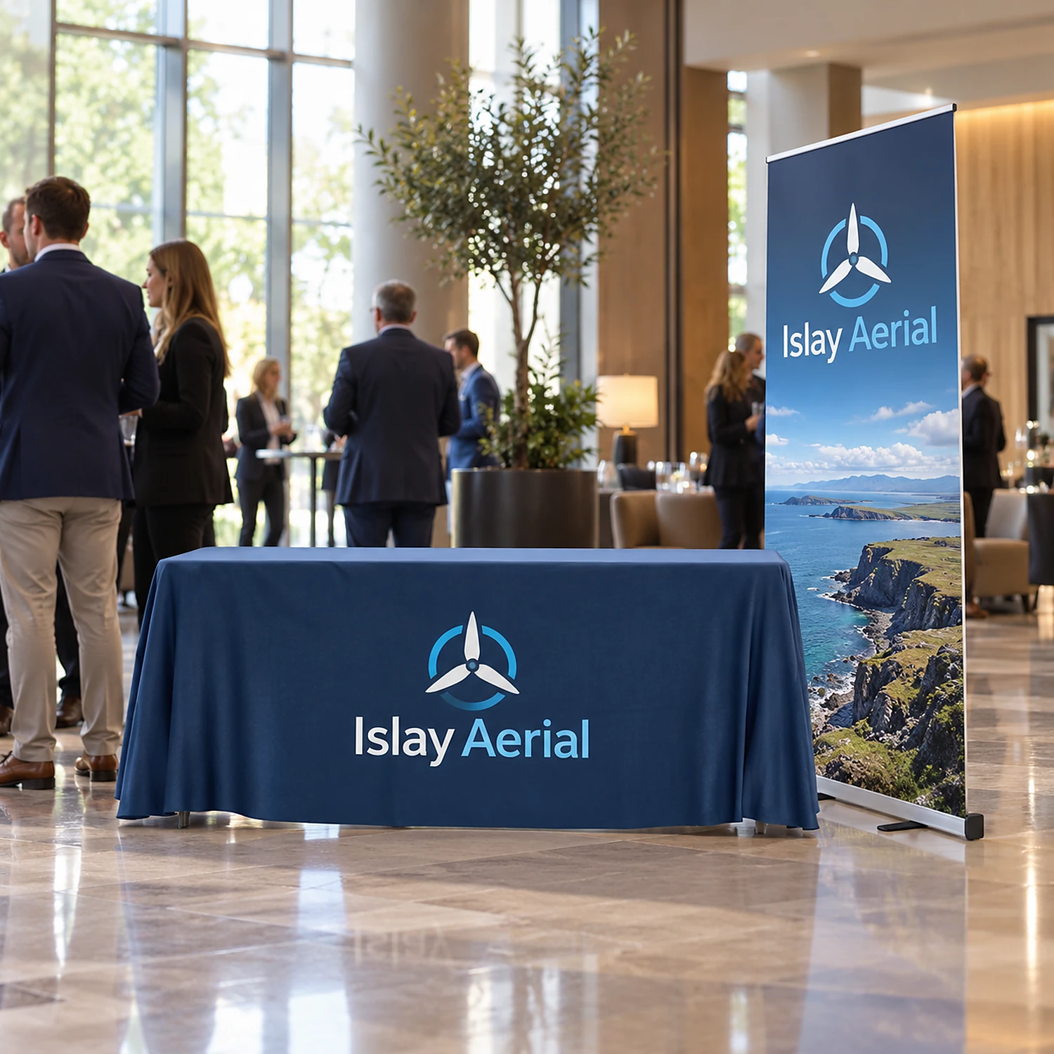 Roller banner and printed tablecloth bundle at a corporate event in a hotel foyer