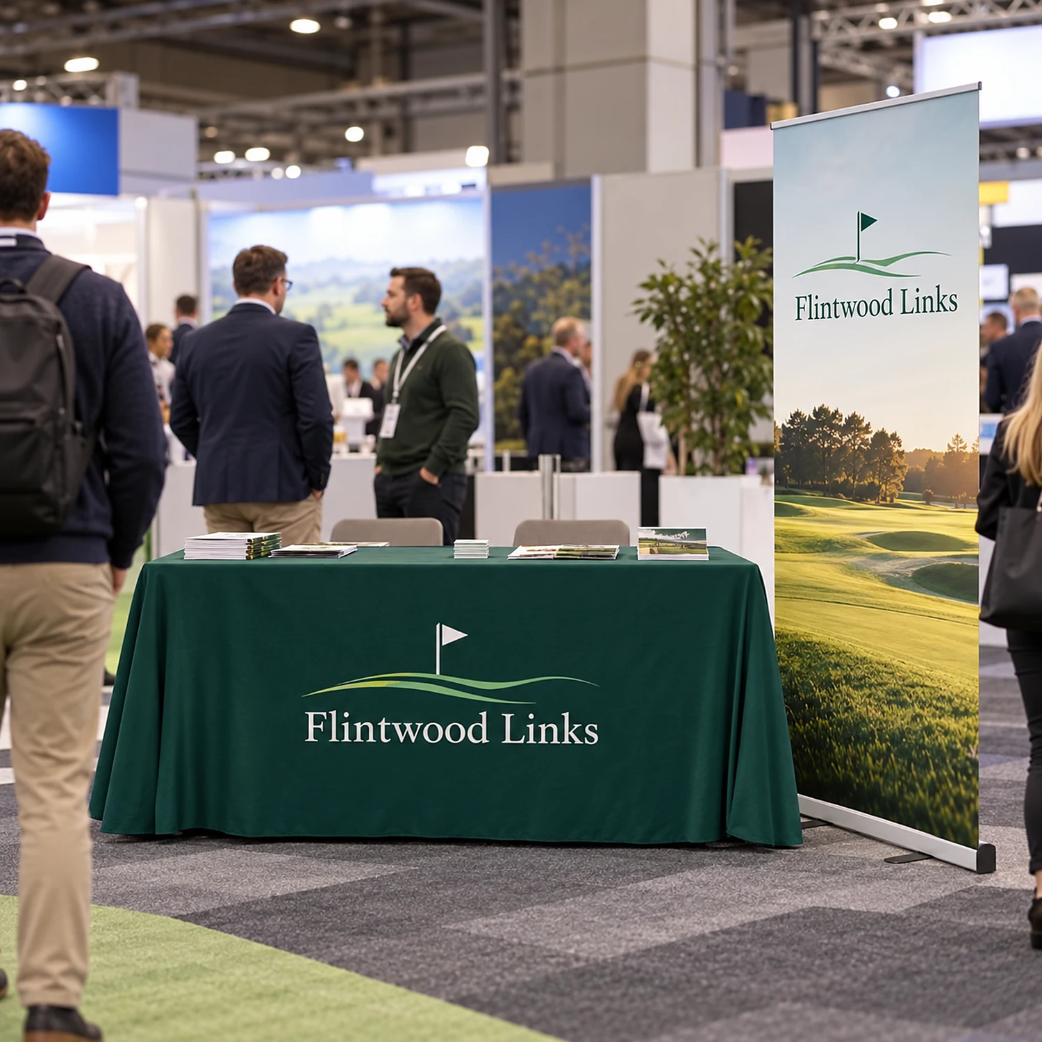 Roller banner and printed tablecloth bundle in use at a busy trade show