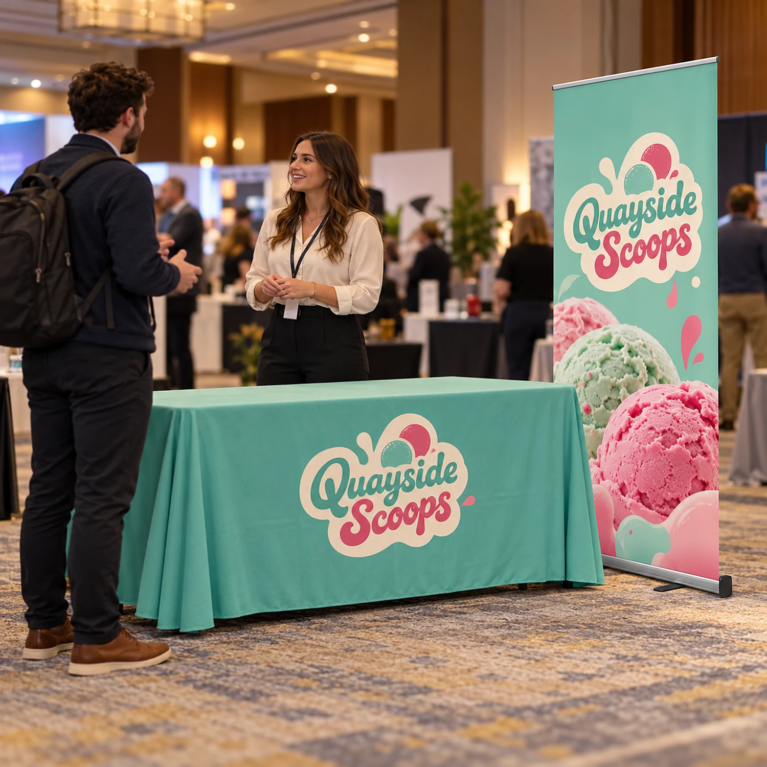 Roller banner and printed tablecloth bundle at a business expo with staff talking to a visitor