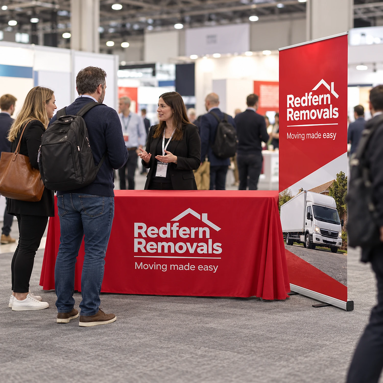 Roller banner and printed tablecloth bundle in use at a busy trade show