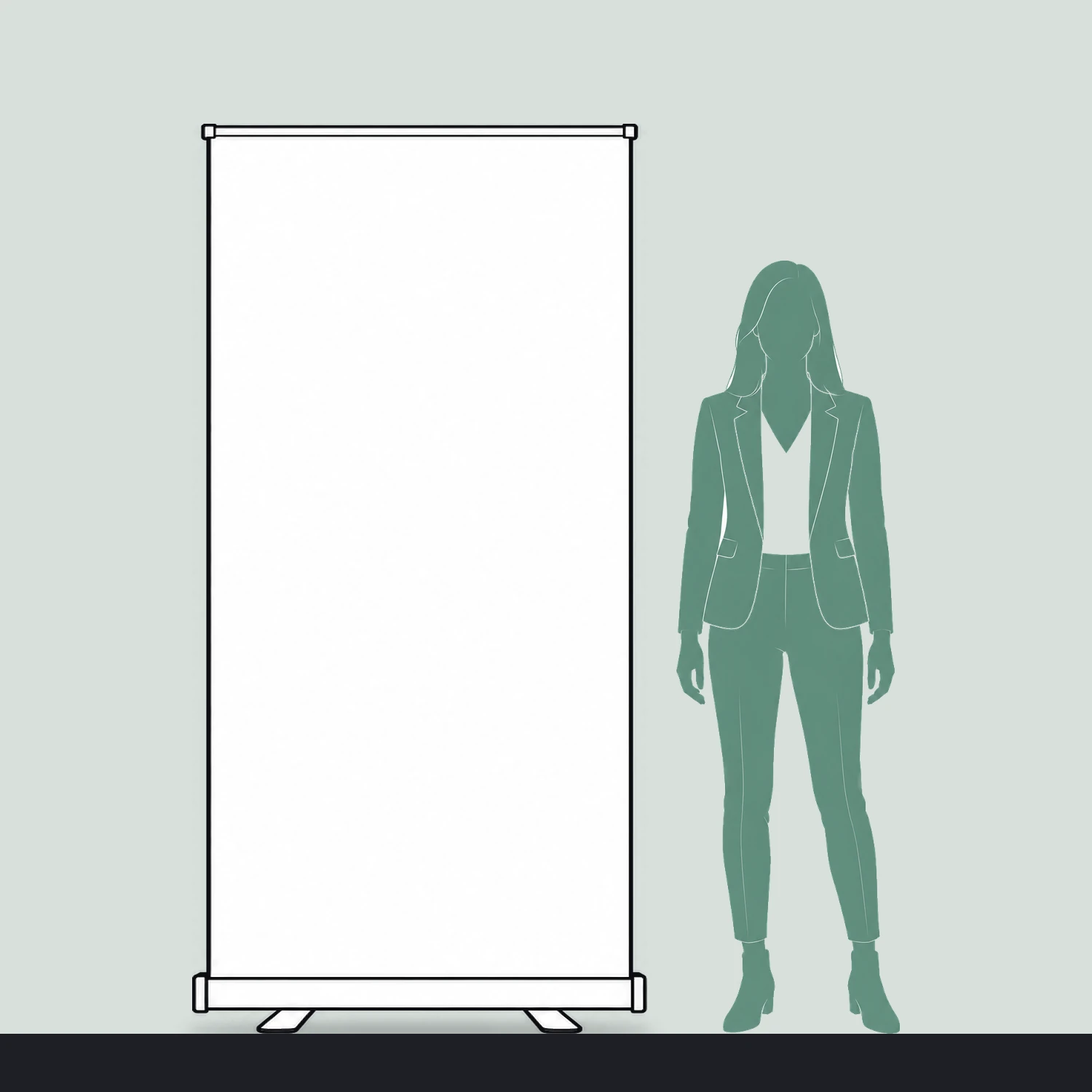 Roller banner size guide, 1 m wide by 2 m high, shown next to a person