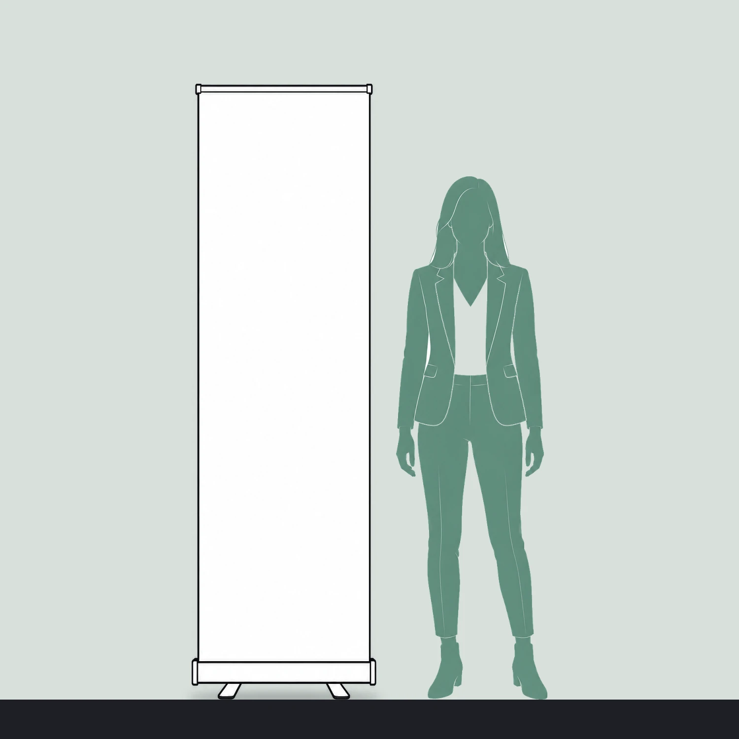 Roller banner size guide, 0.6 m wide by 2 m high, shown next to a person