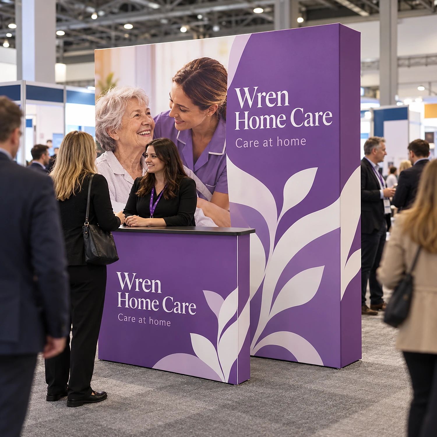 SEG 3x3 fabric pop-up stand with counter in use at a busy trade show