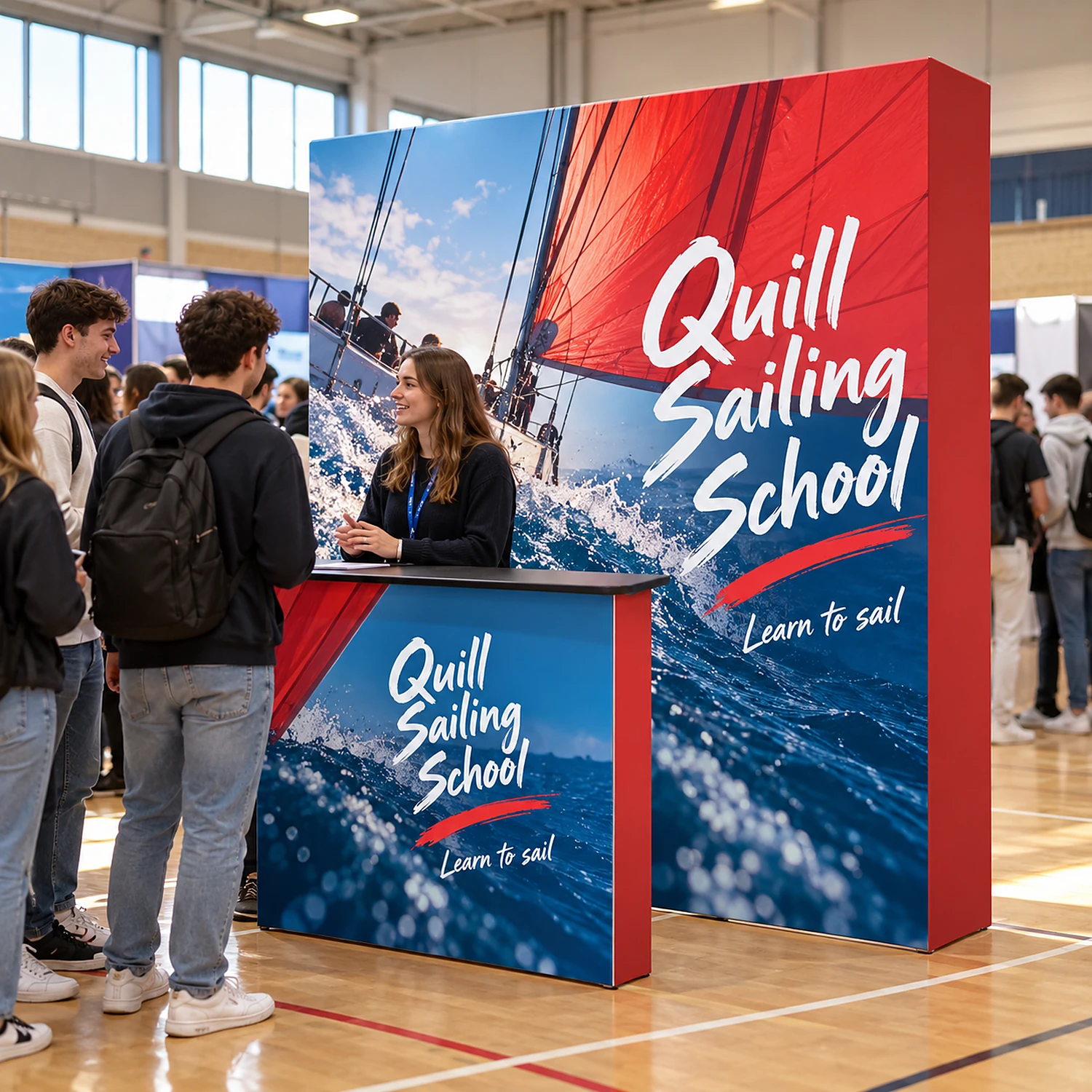 SEG 3x3 fabric pop-up stand with counter in use at a university careers fair