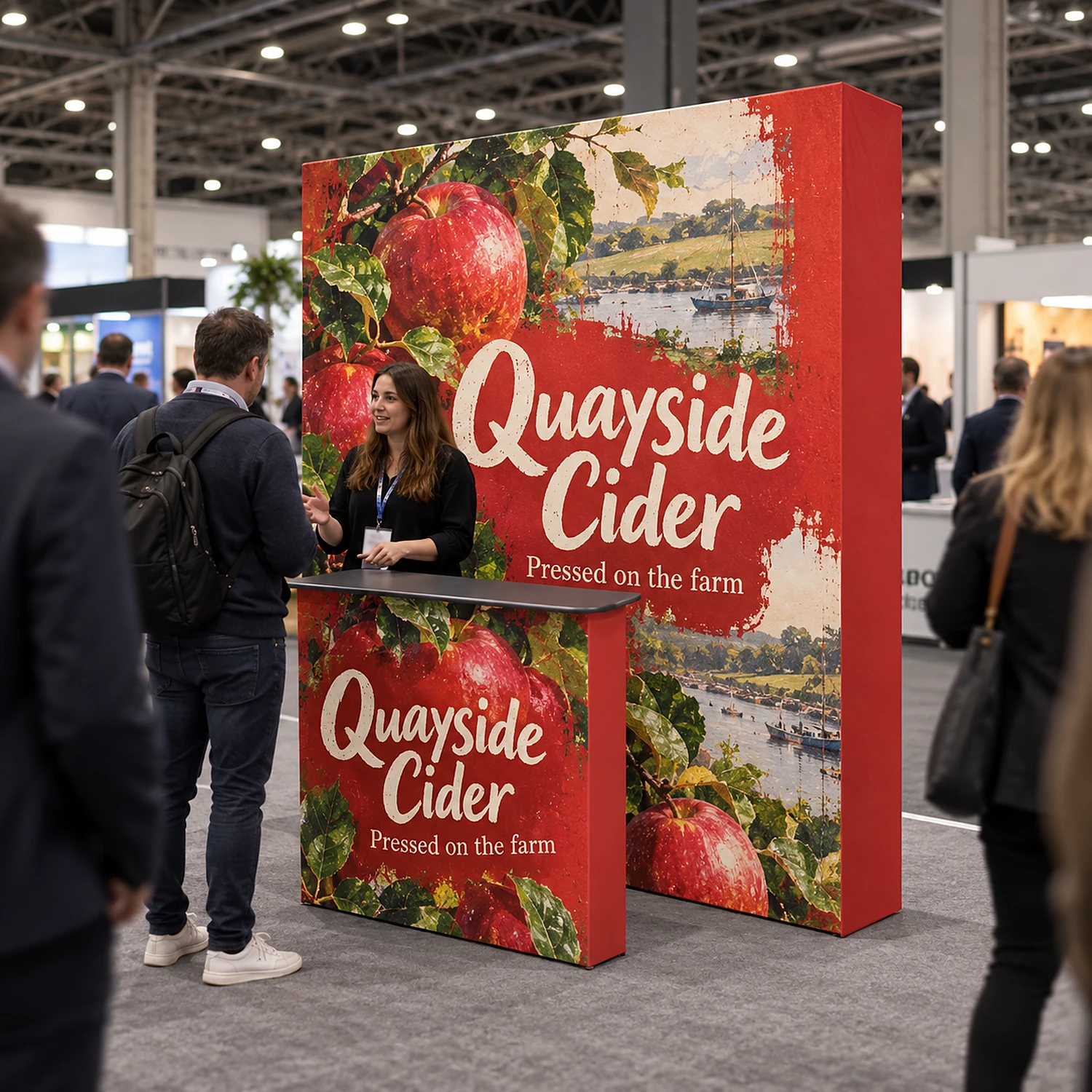 SEG 3x3 fabric pop-up stand with counter on a busy exhibition aisle