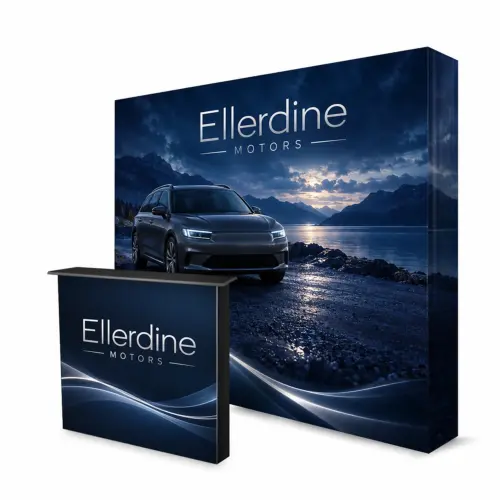 SEG Fabric Pop Up Stand 3x4 with Counter, 2.94m Wide, shown with example artwork