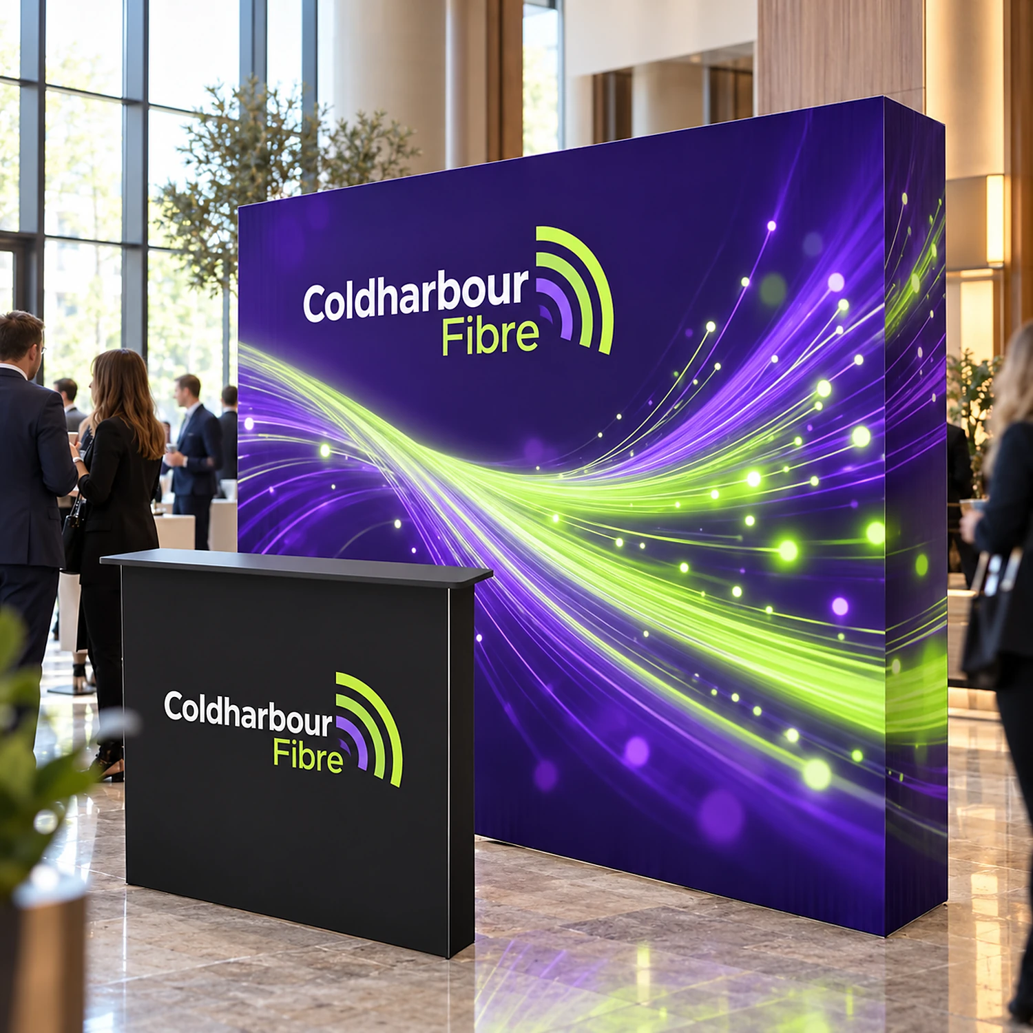 SEG fabric pop-up stand with counter at a corporate event in a hotel foyer