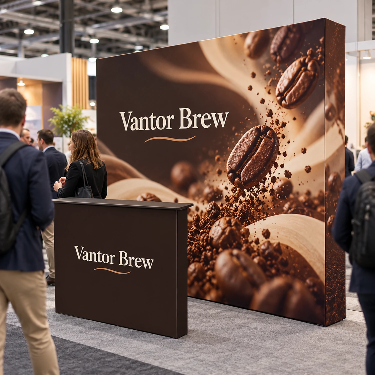 SEG fabric pop-up stand with counter in use at a busy trade show