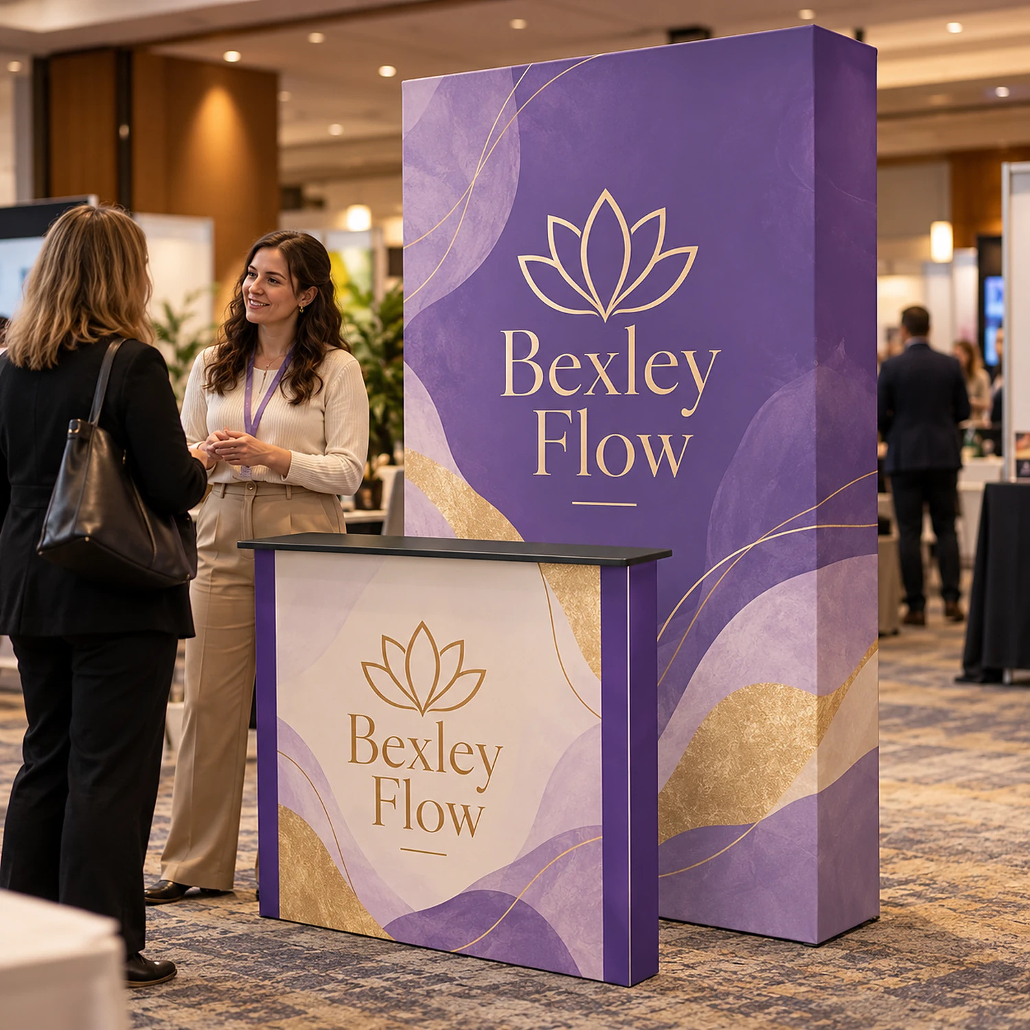 SEG fabric pop-up stand with counter at a business expo with staff talking to a visitor