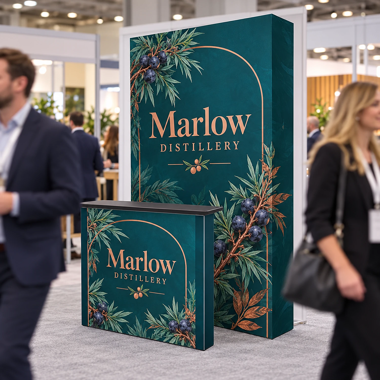 SEG fabric pop-up stand with counter on an exhibition stand at an industry conference