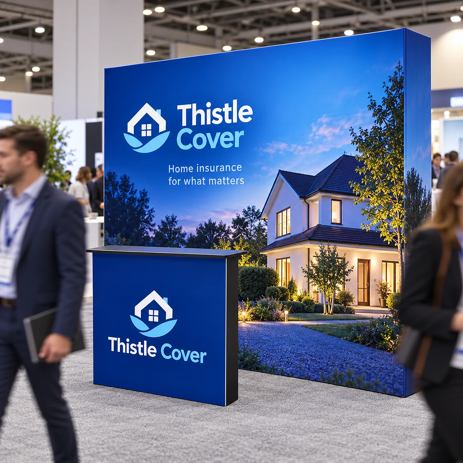 SEG fabric pop-up stand with counter on an exhibition stand at an industry conference