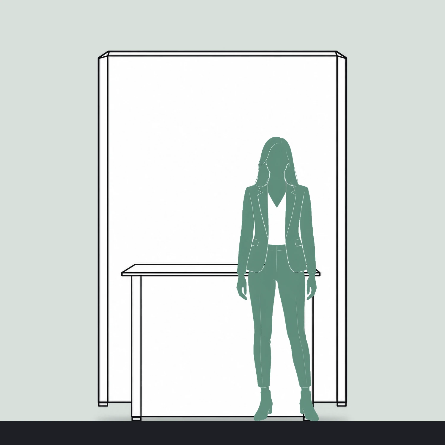 SEG fabric pop-up stand with counter size guide, 1.493 m wide by 2.216 m high, shown next to a person