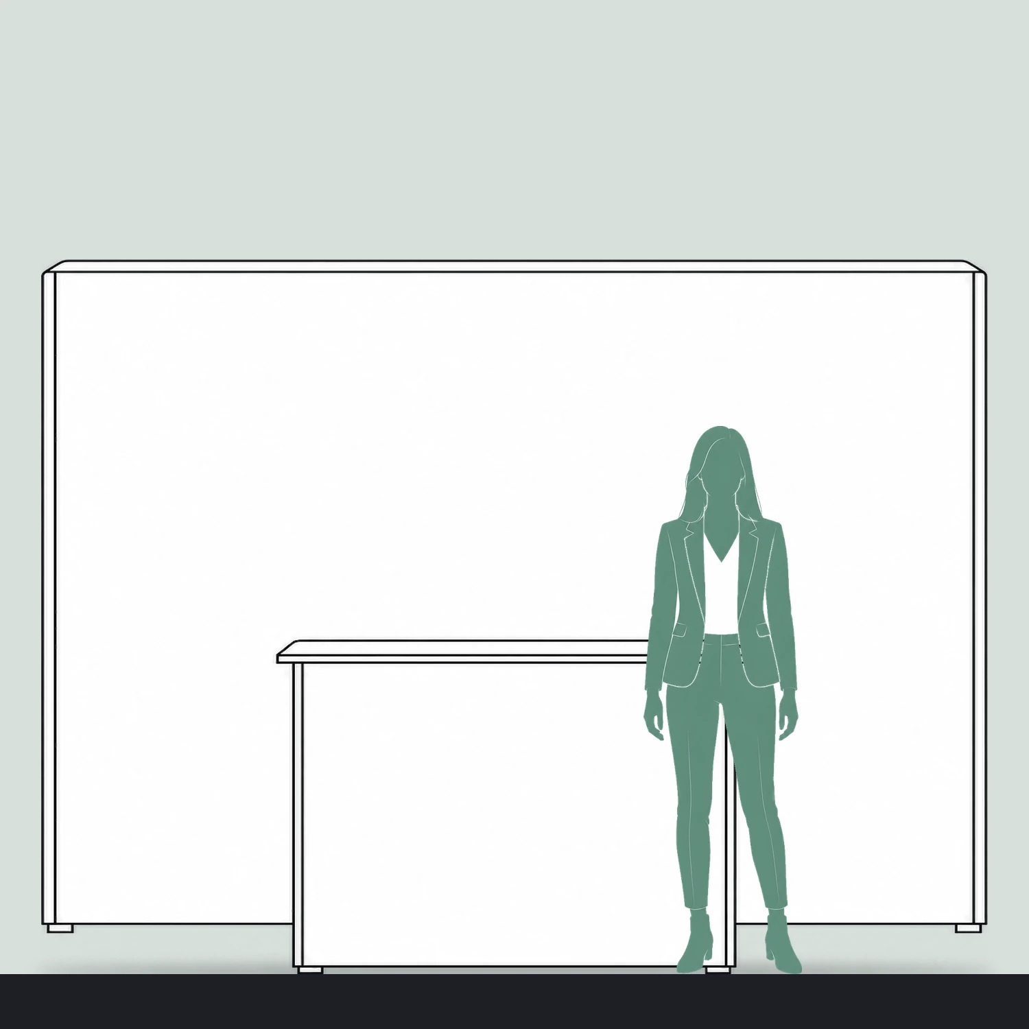 SEG fabric pop-up stand with counter size guide, 2.935 m wide by 2.216 m high, shown next to a person