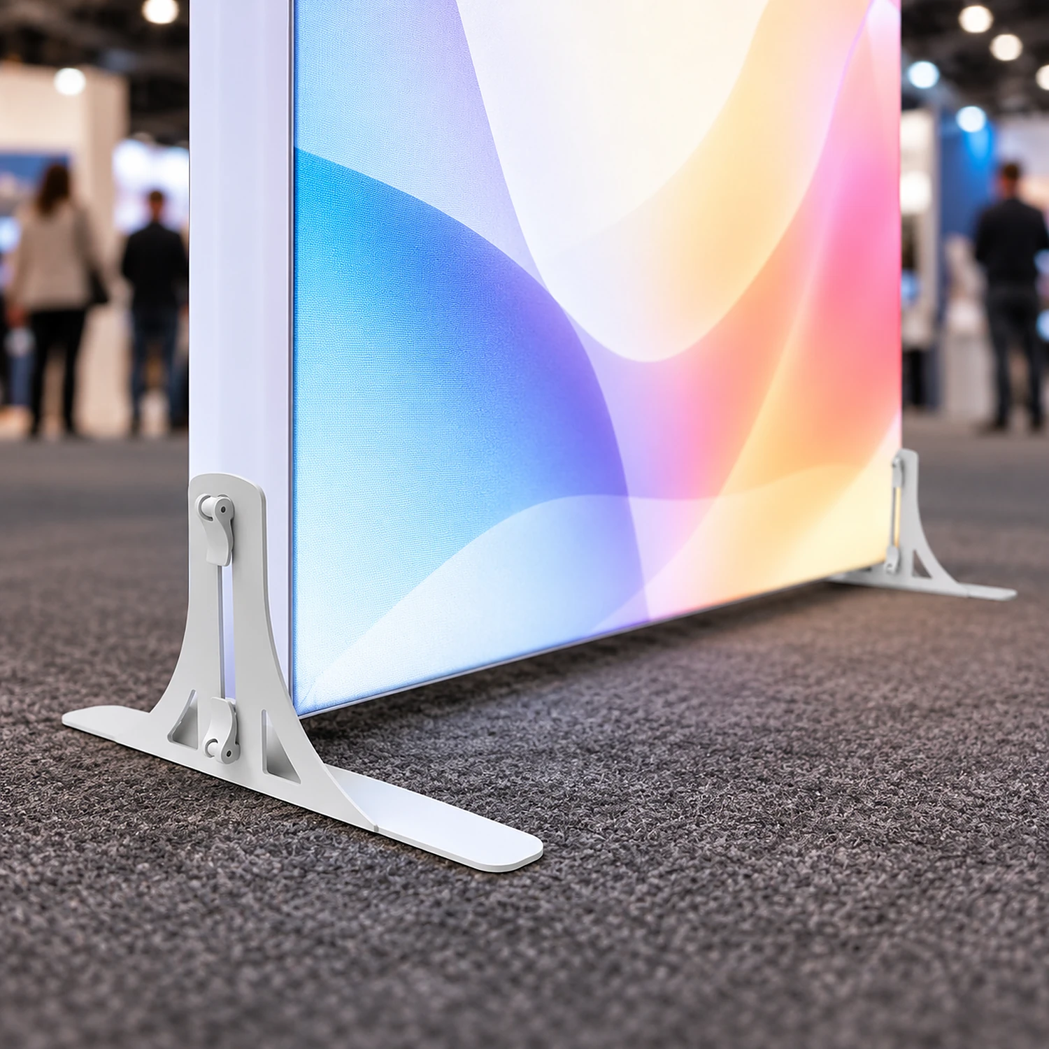 Pair of side feet supporting a lightbox at an exhibition