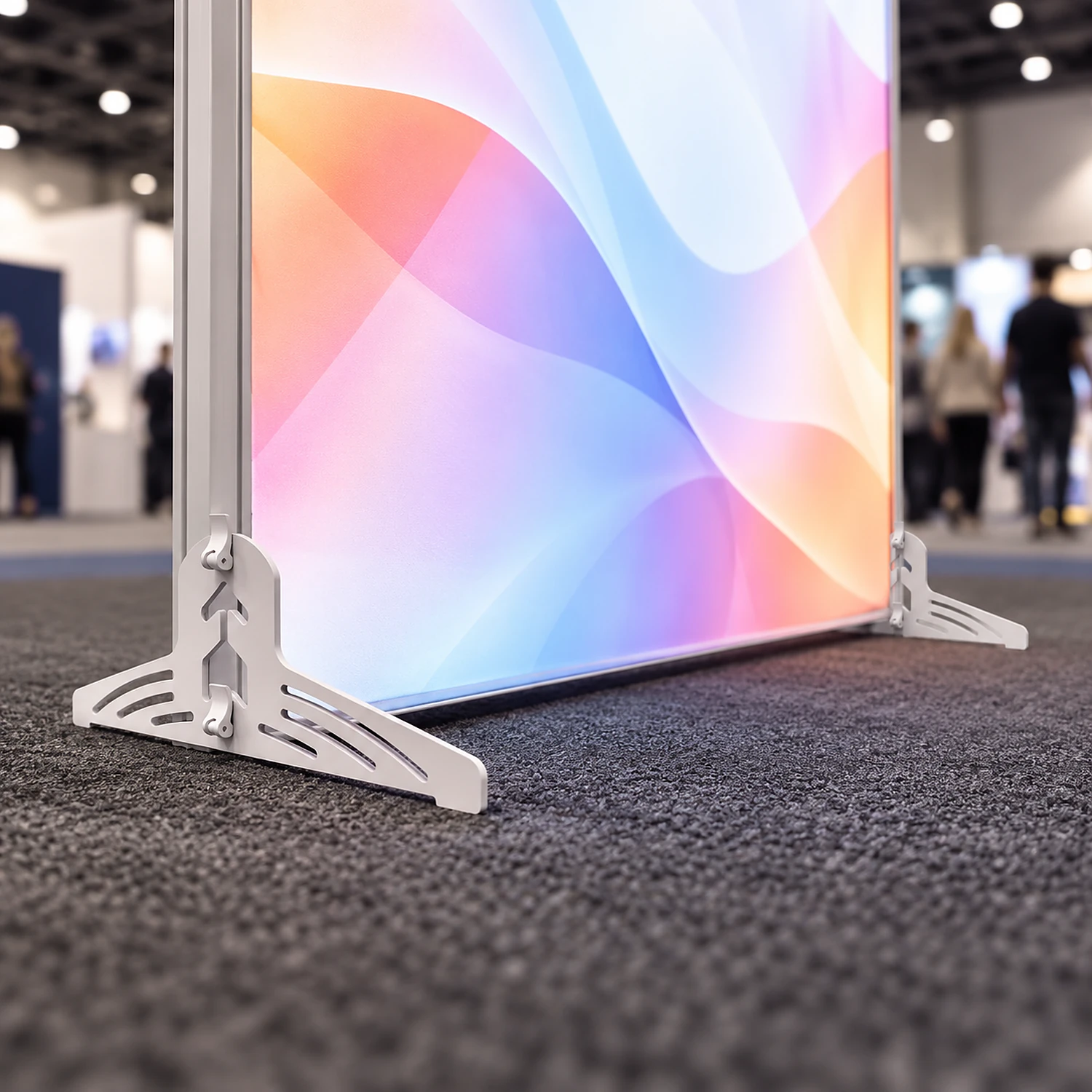 Pair of side feet supporting a lightbox at an exhibition