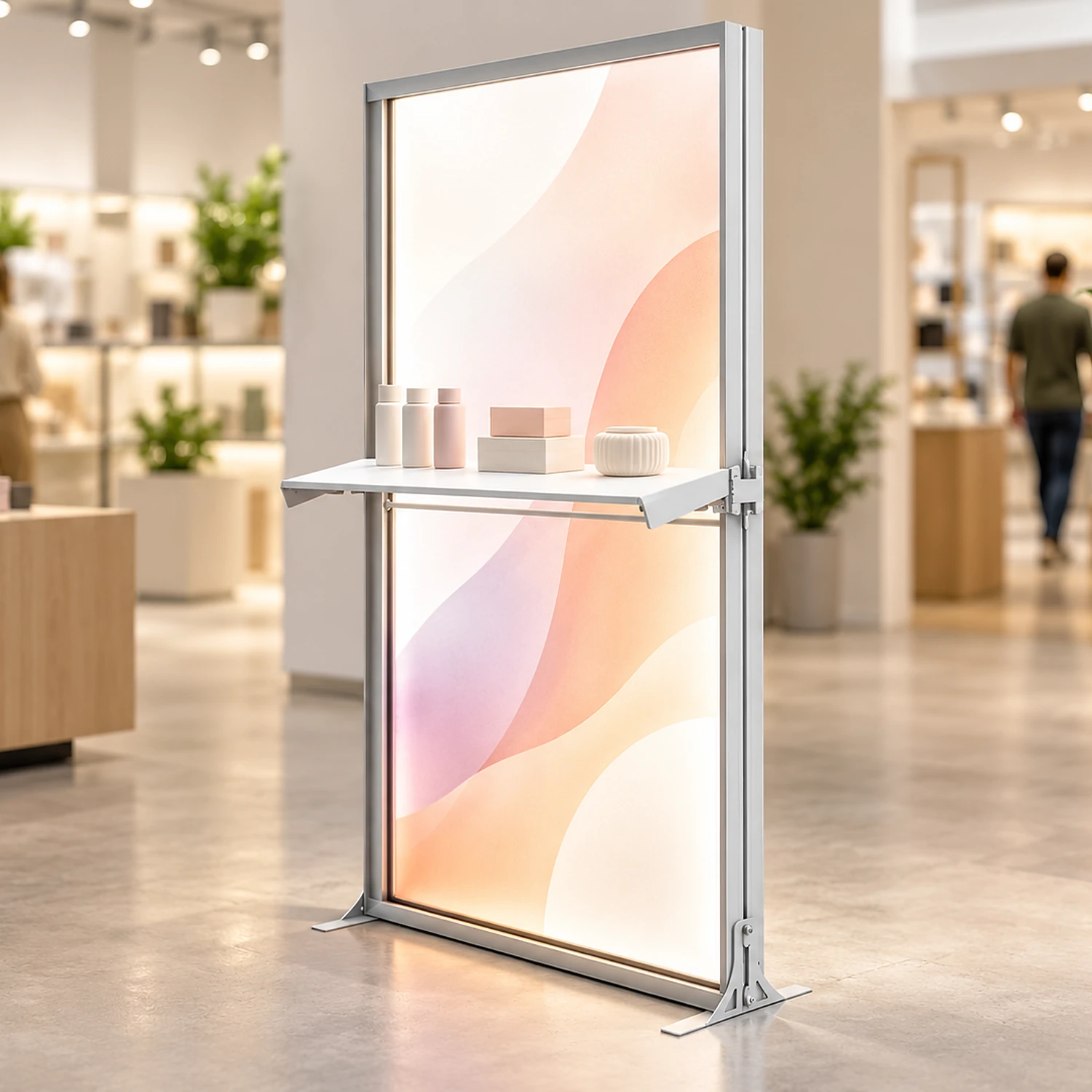 Single sided shelf holding products on a lightbox in a shop