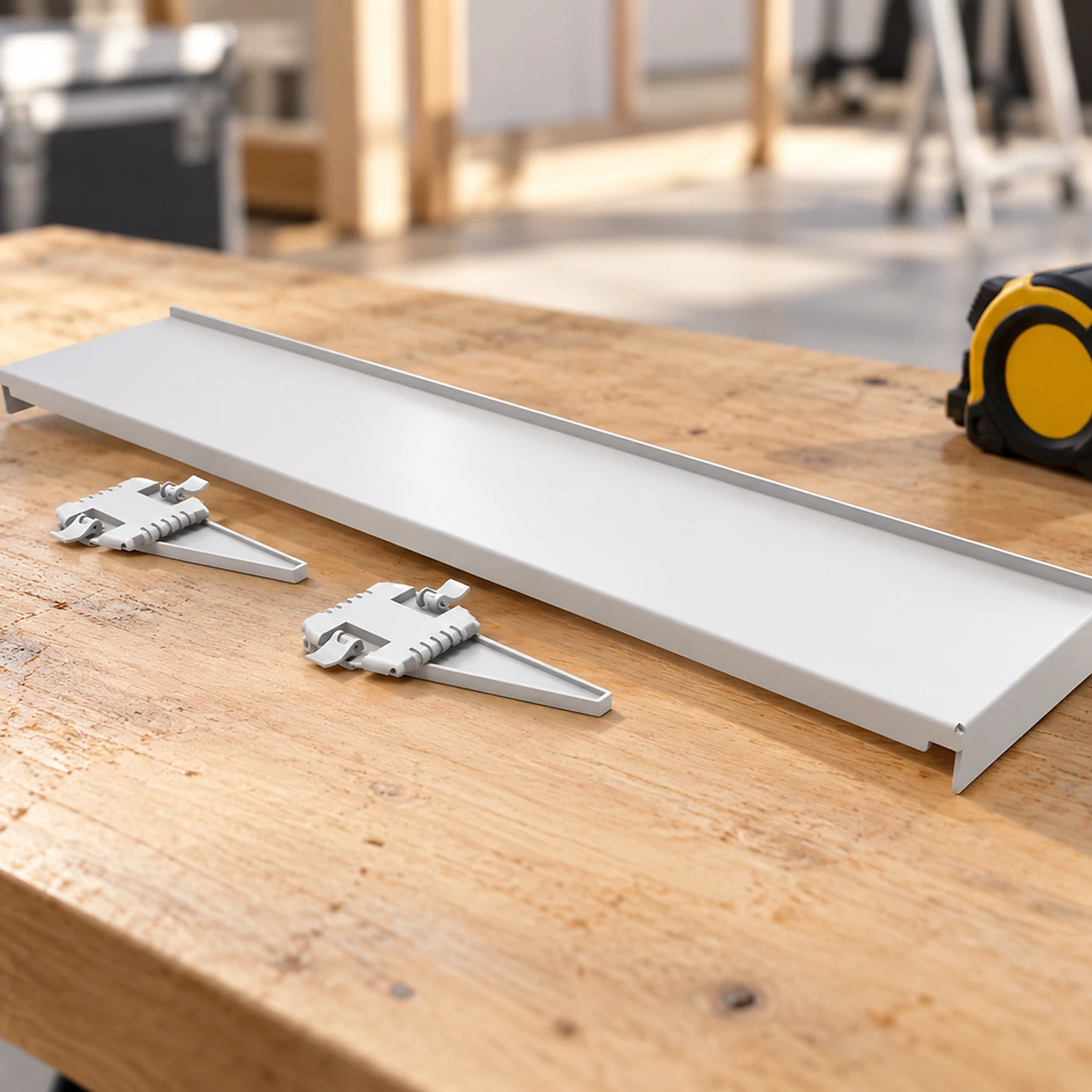 Single sided shelf and fixings on a workbench