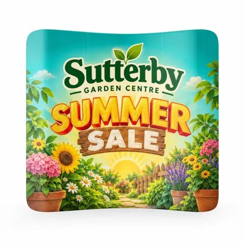 Soft Touch Curved Fabric Display - 2.4m Wide - Double-Sided, shown with example artwork