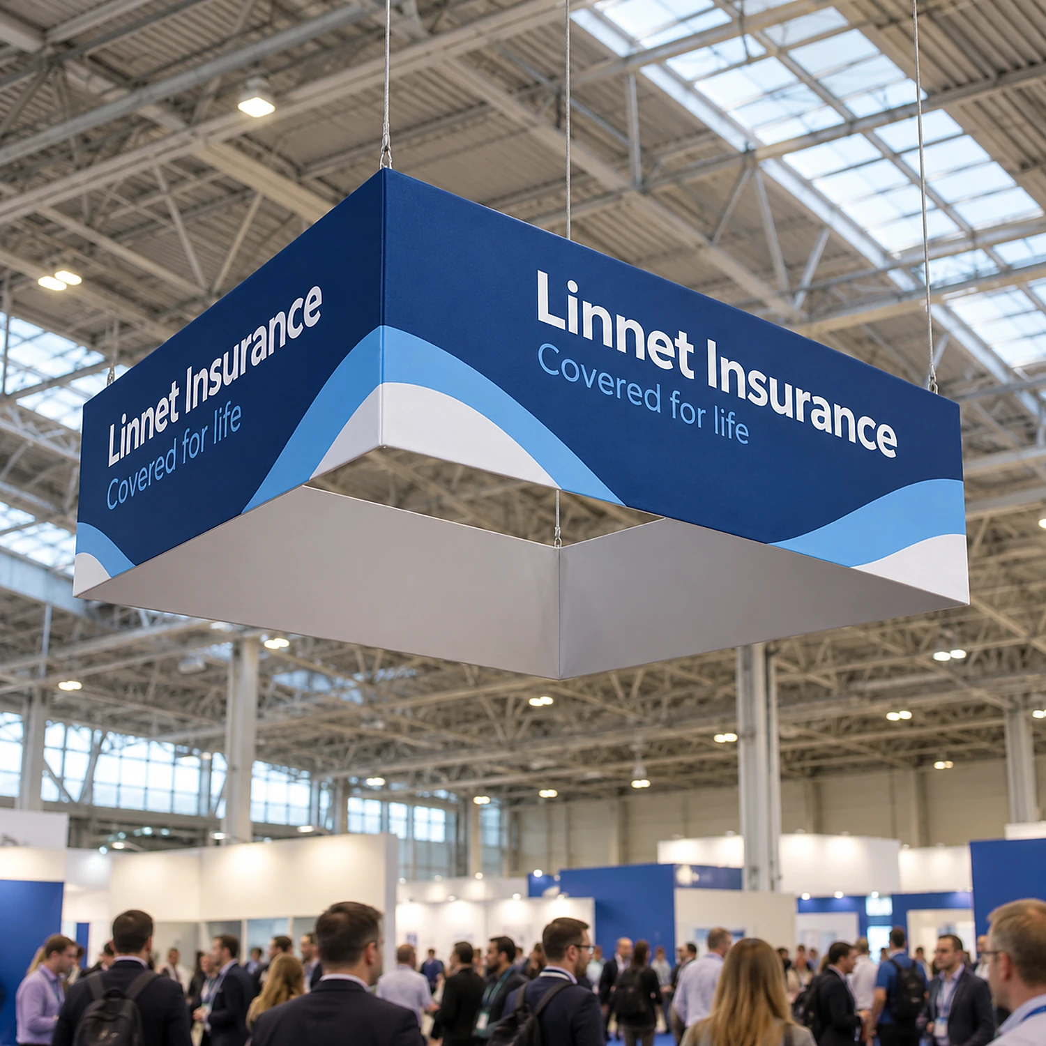 Square hanging fabric structure hanging in a large exhibition hall