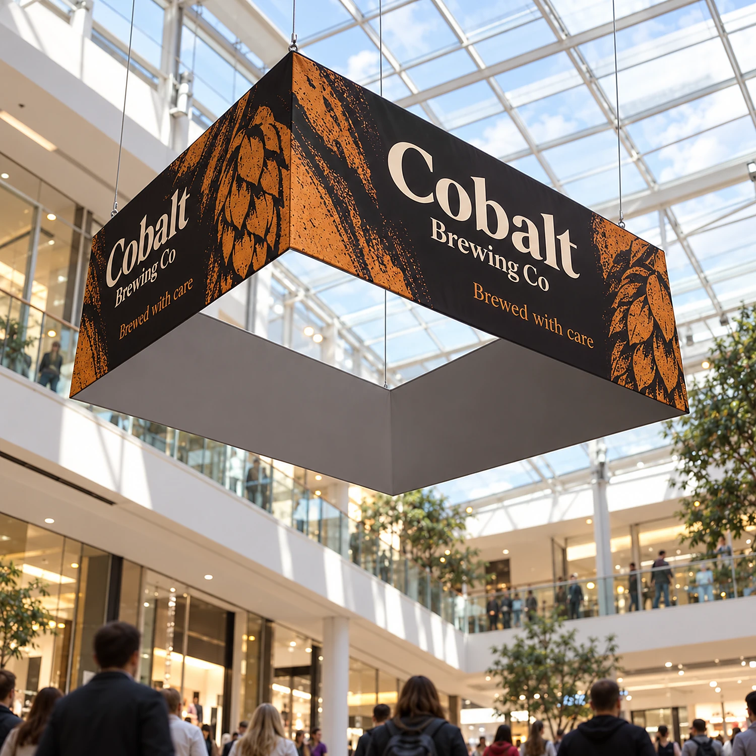 Square hanging fabric structure hanging above a shopping centre promotion