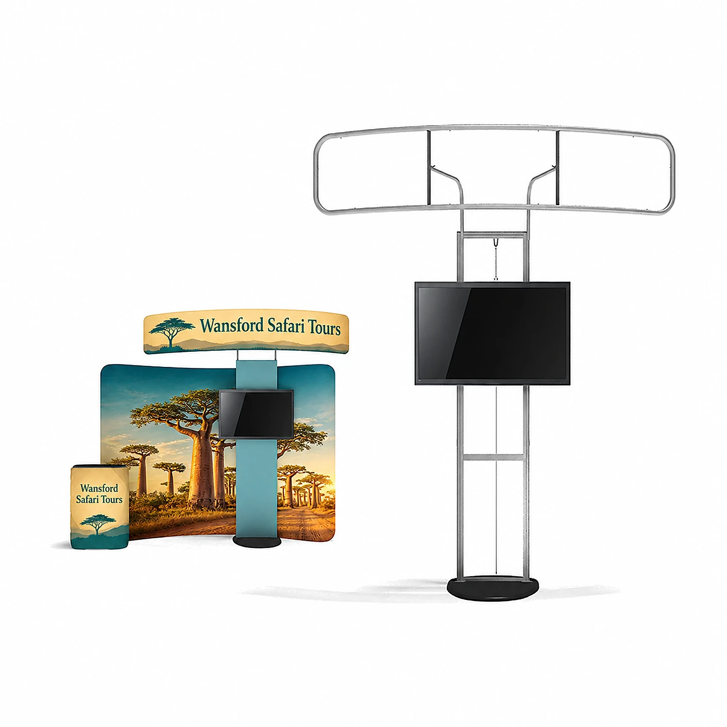 Standroid Monitor Stand - Adjustable Height - 24 to 46 inch Screens, shown with example artwork
