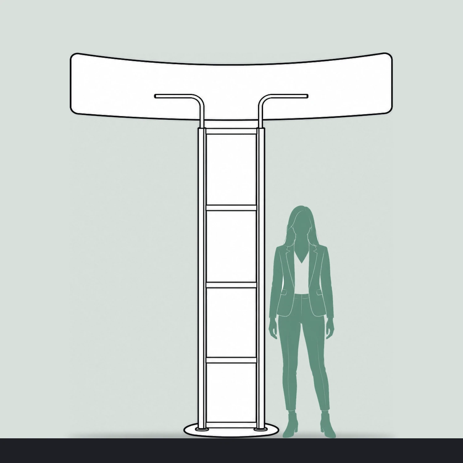 Line drawing of the Standroid Monitor Stand shown to scale next to a 1.7m person