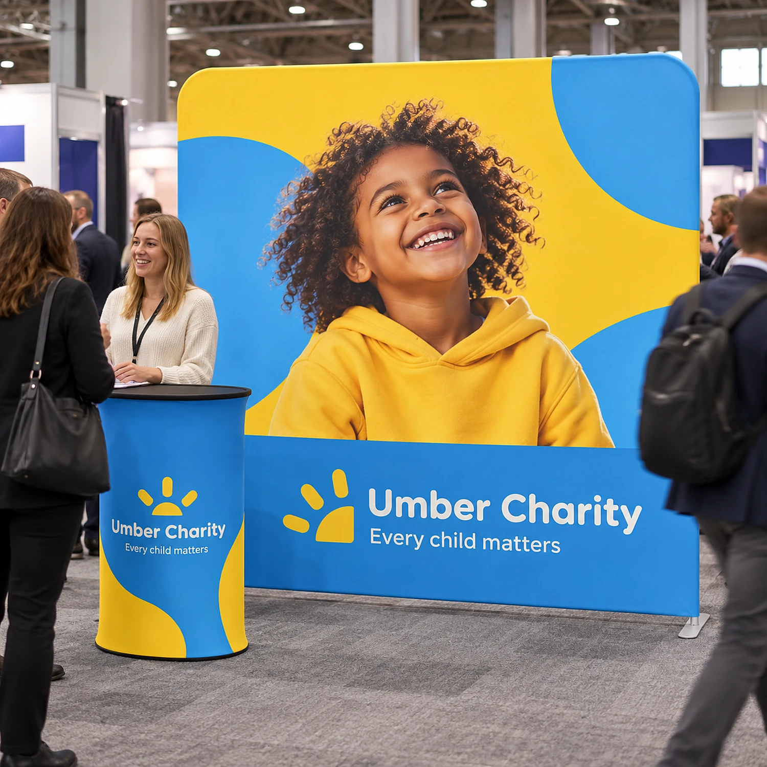 Straight 2.4m fabric display with oval counter in use at a busy trade show