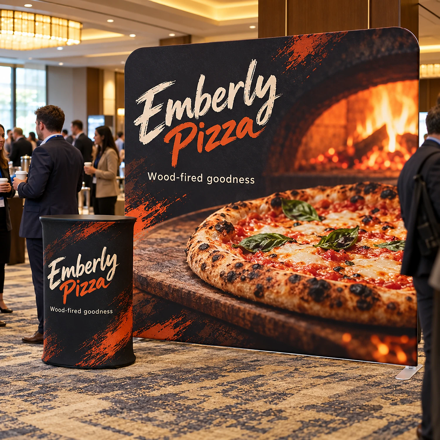 Straight 2.4m fabric display with oval counter in use in a hotel conference foyer