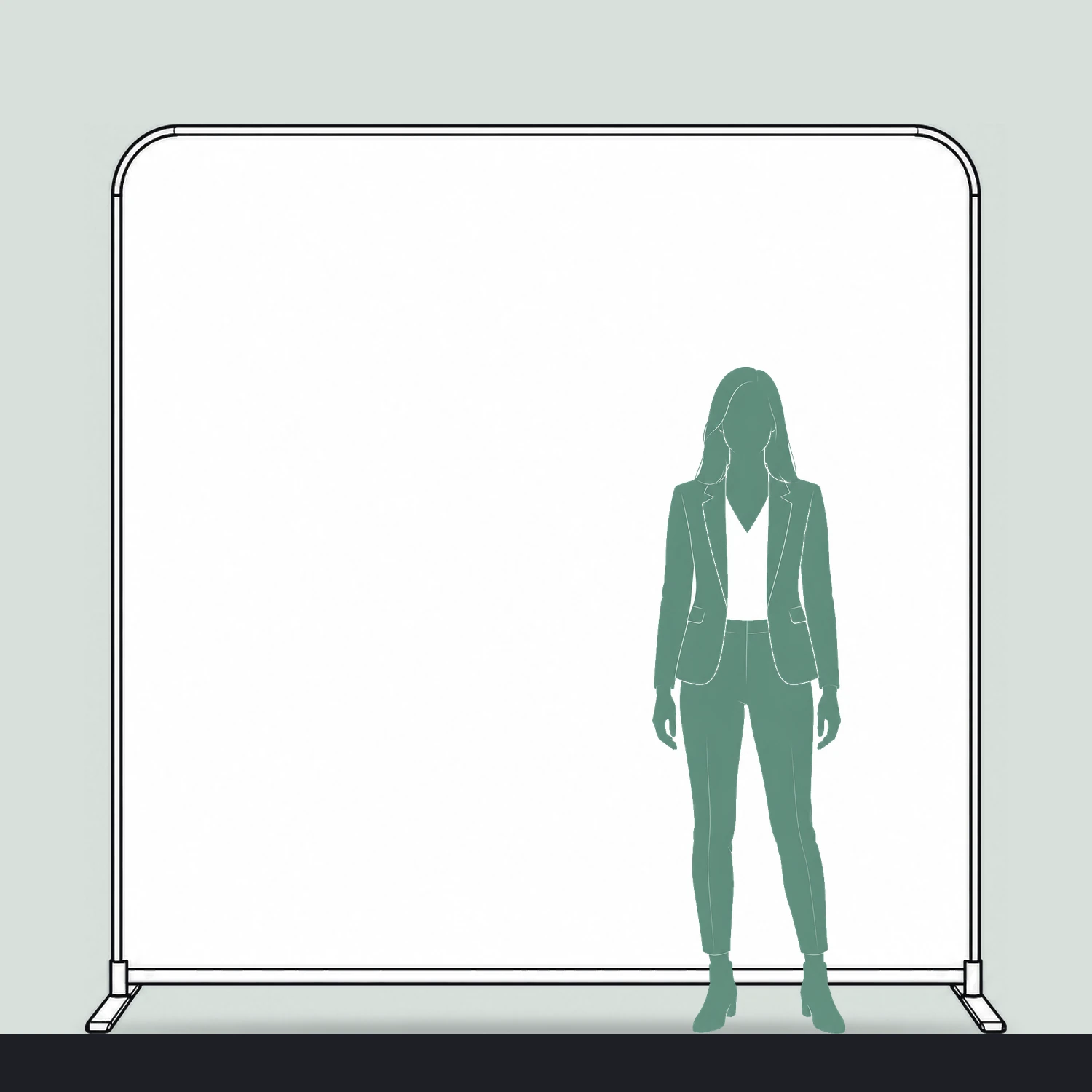 Straight fabric display size guide, 2.35 m wide by 2.32 m high, shown next to a person