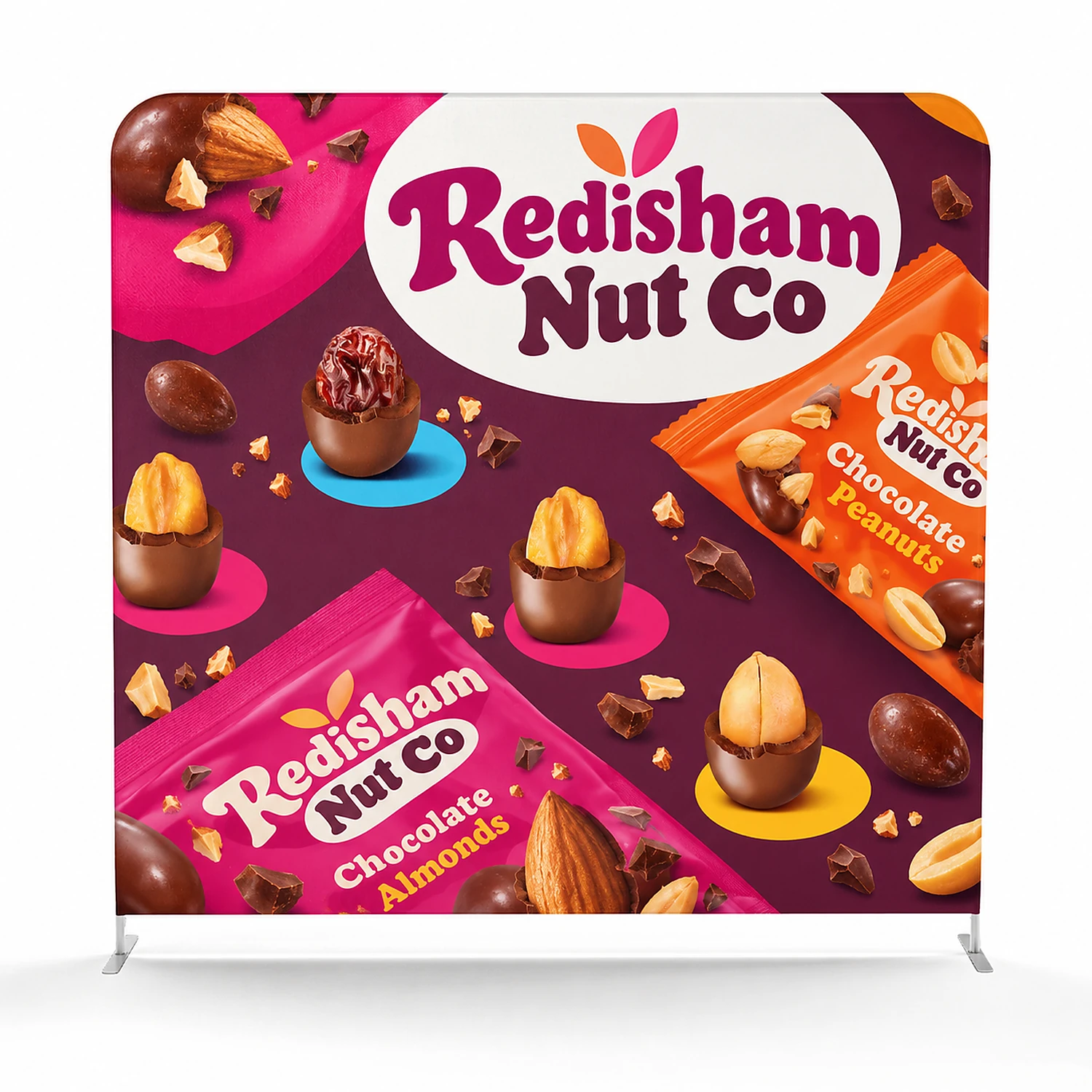 Straight Fabric Display Stand 2.4m Wide with Oval Counter, shown with example artwork
