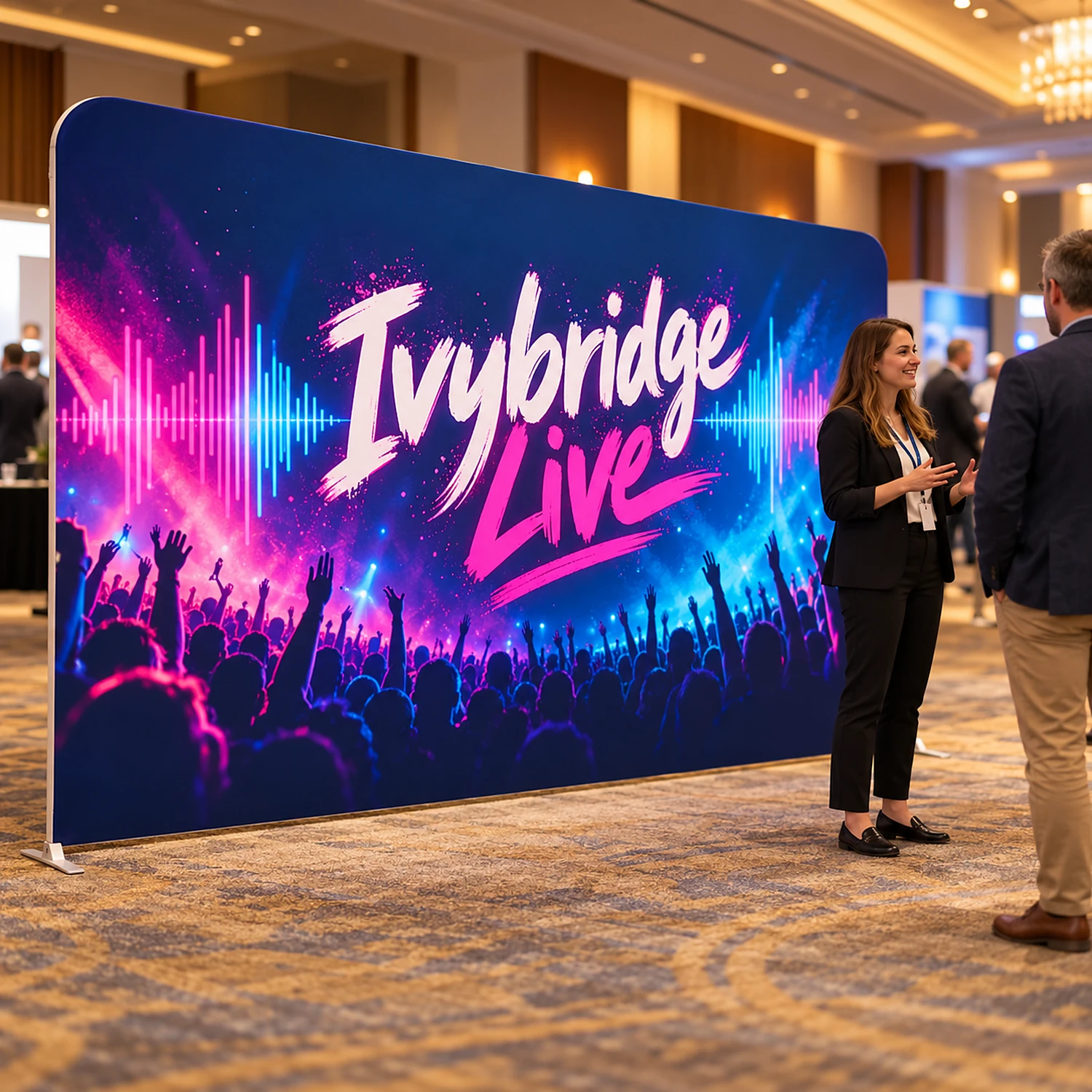Straight fabric display wall at a business expo with staff talking to a visitor