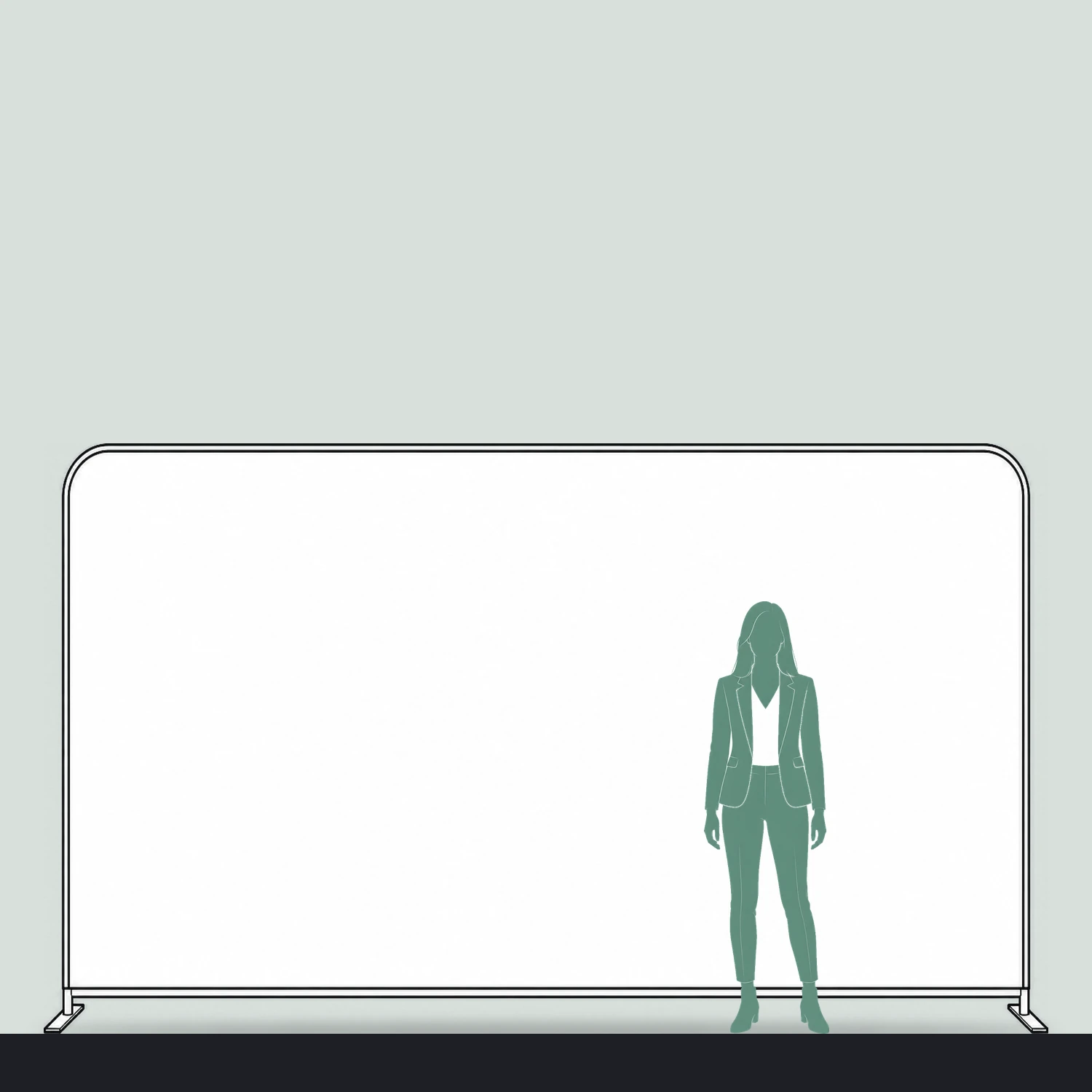 Straight fabric display wall size guide, 3.95 m wide by 2.32 m high, shown next to a person