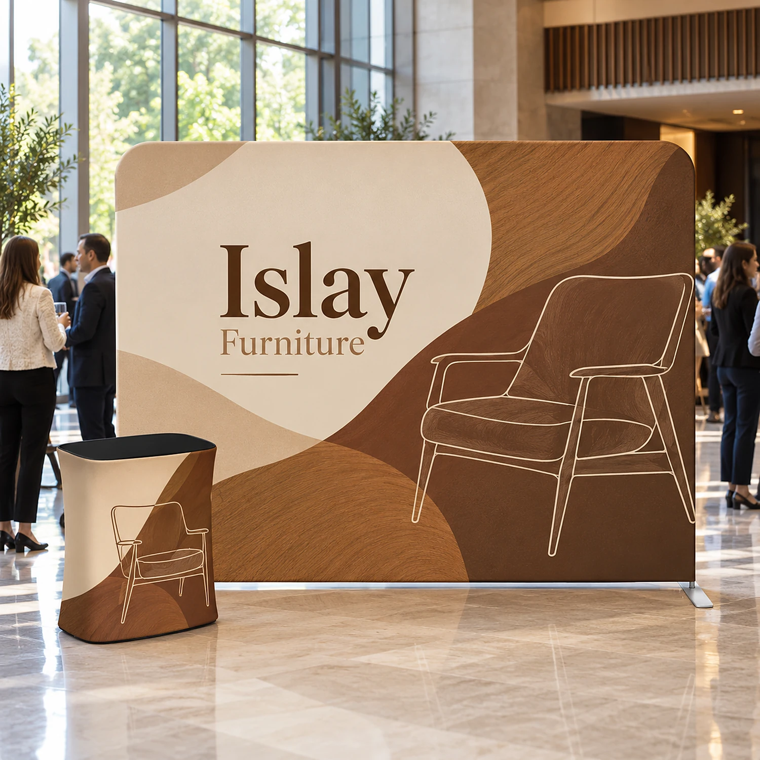 Straight fabric display wall with counter at a corporate event in a hotel foyer