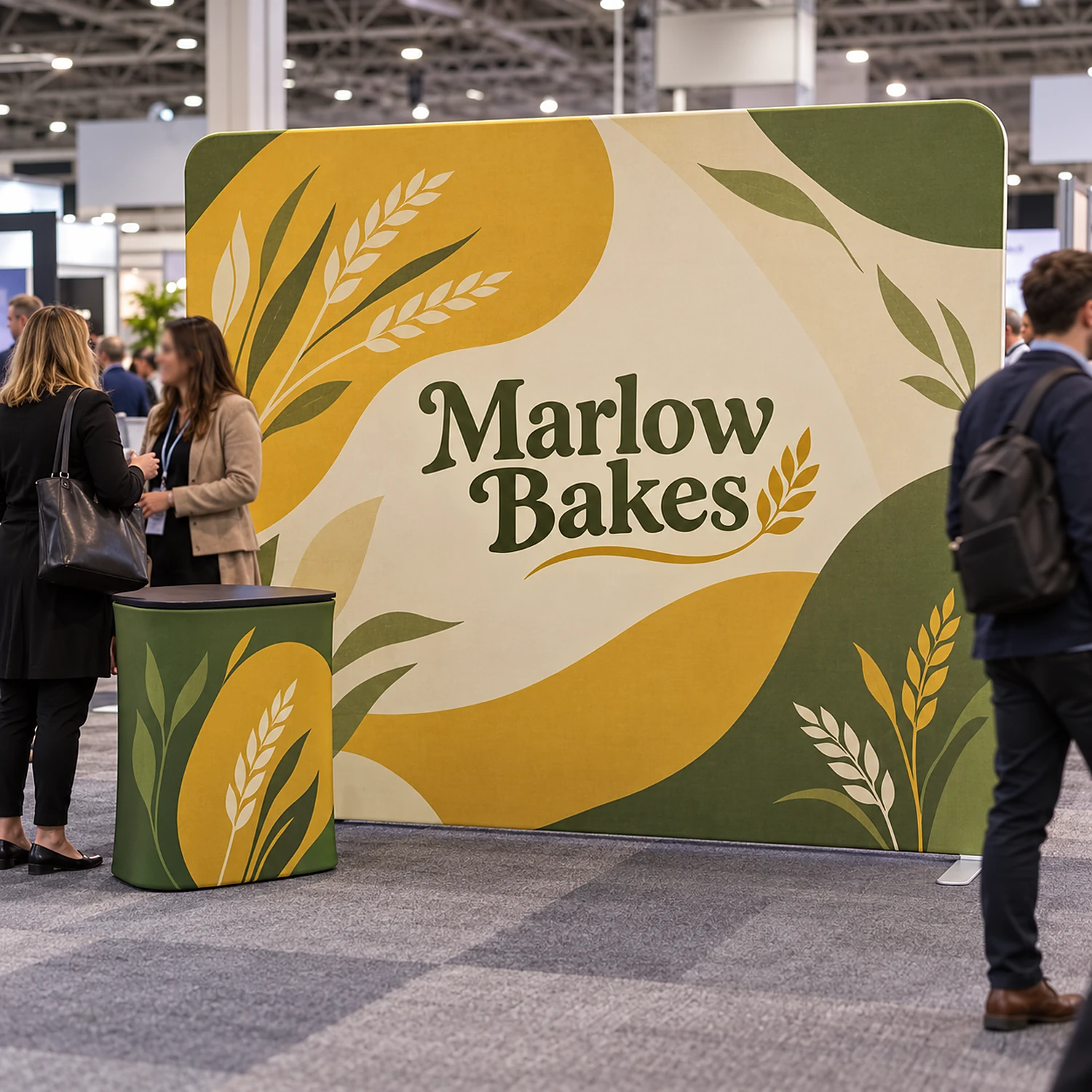 Straight fabric display wall with counter in use at a busy trade show