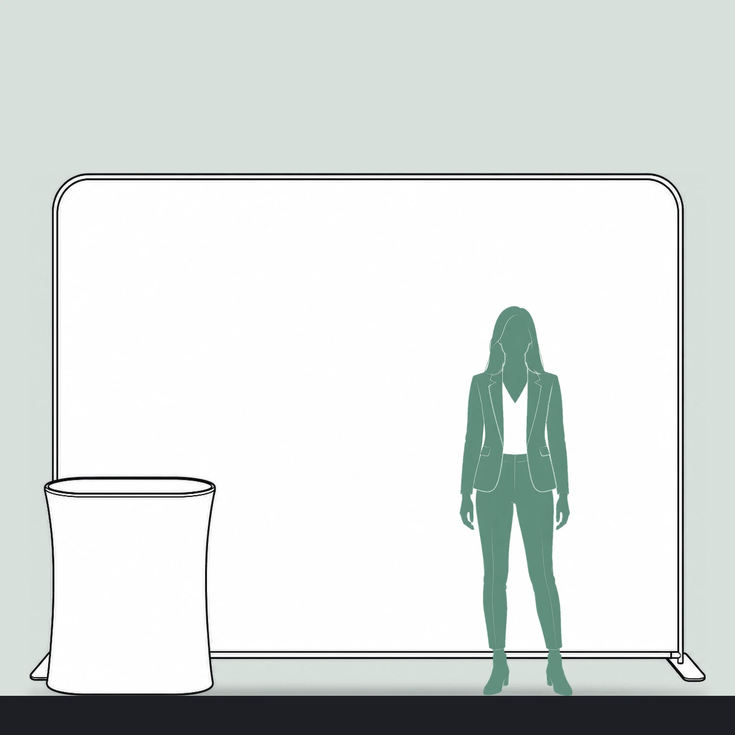 Straight fabric display wall with counter size guide, 2.95 m wide by 2.28 m high, shown next to a person