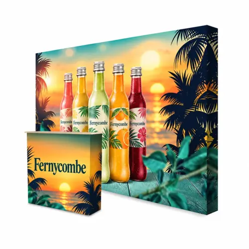 Straight Fabric Pop Up Stand 3x5 with Counter, 3.74m Wide, shown with example artwork