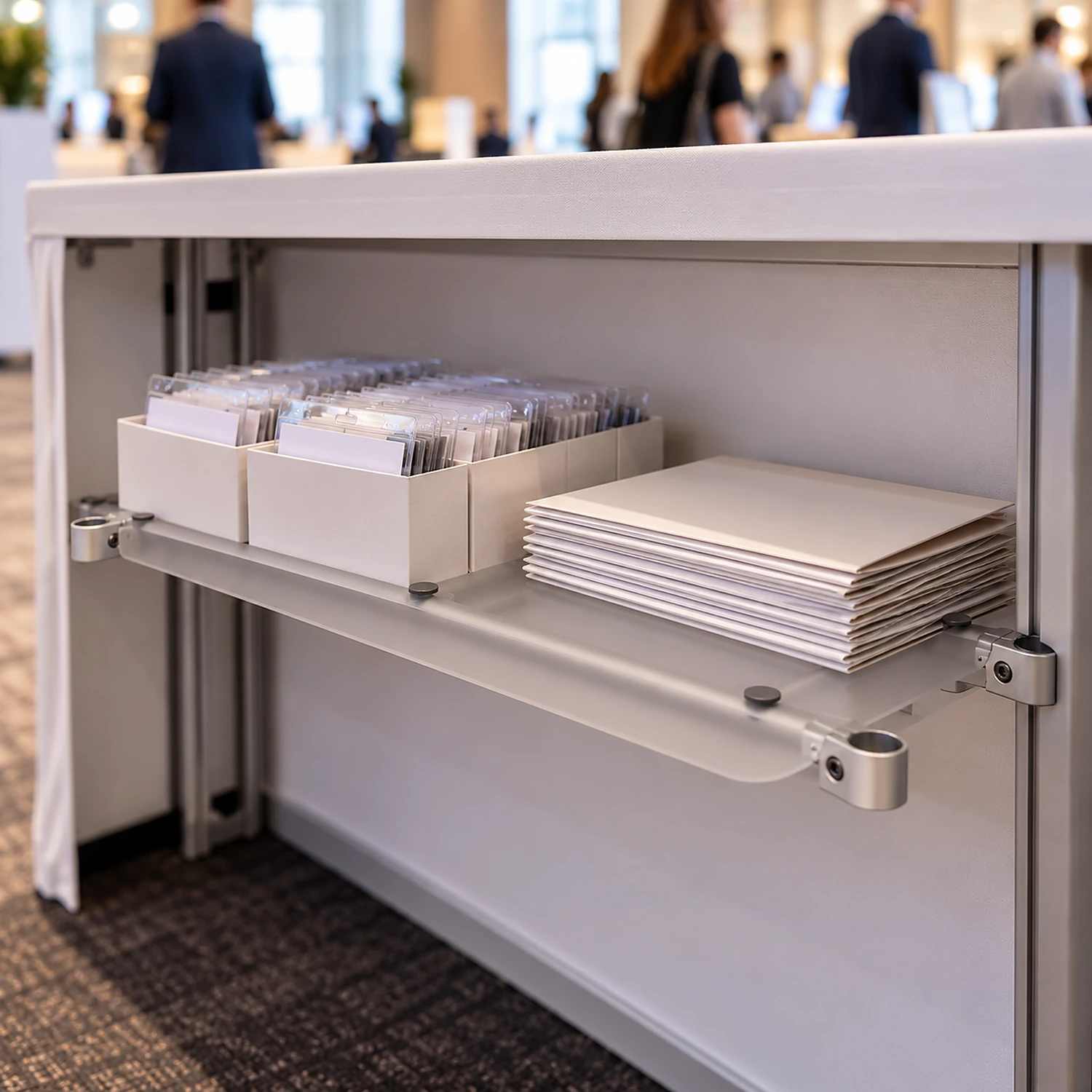 Middle shelf storing supplies inside a straight counter at a conference