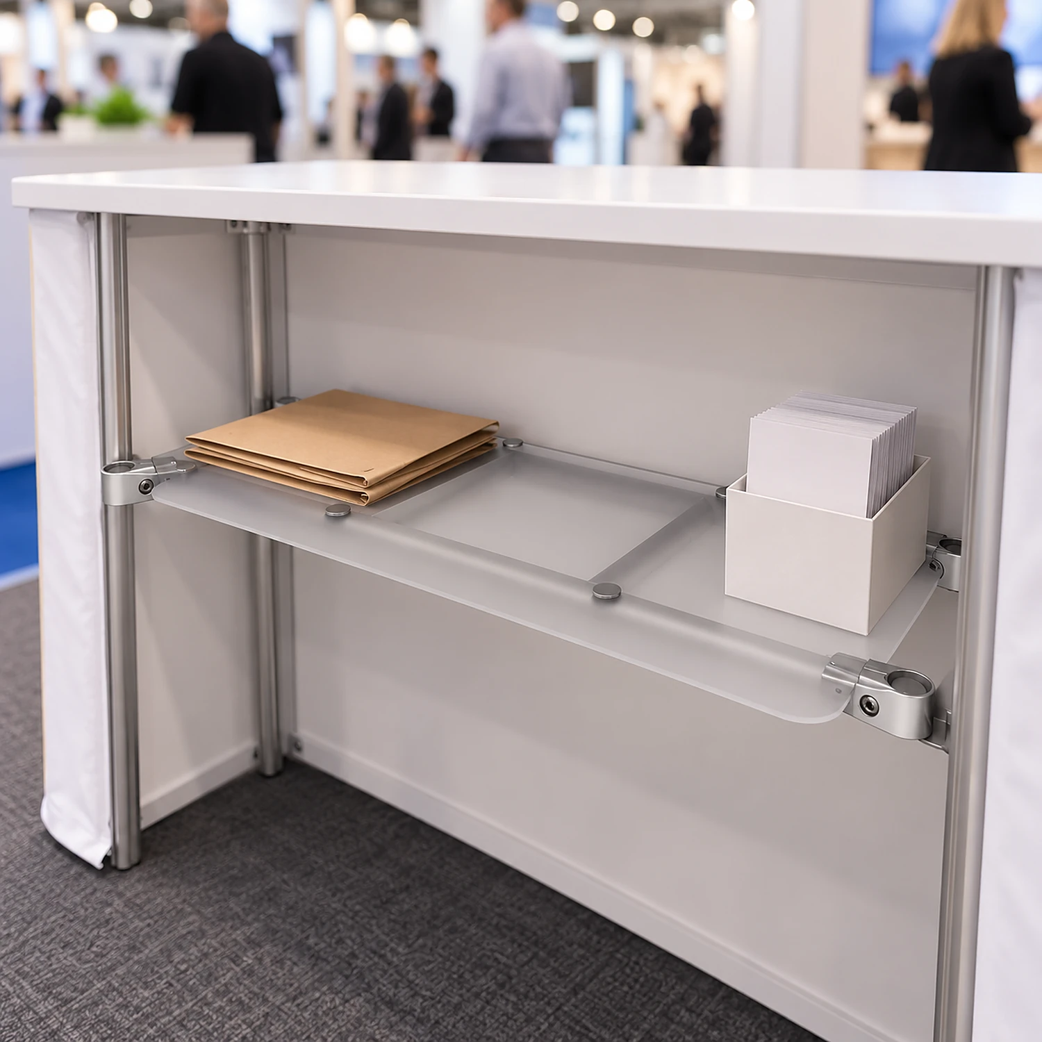 Middle shelf fitted inside a straight counter at an exhibition