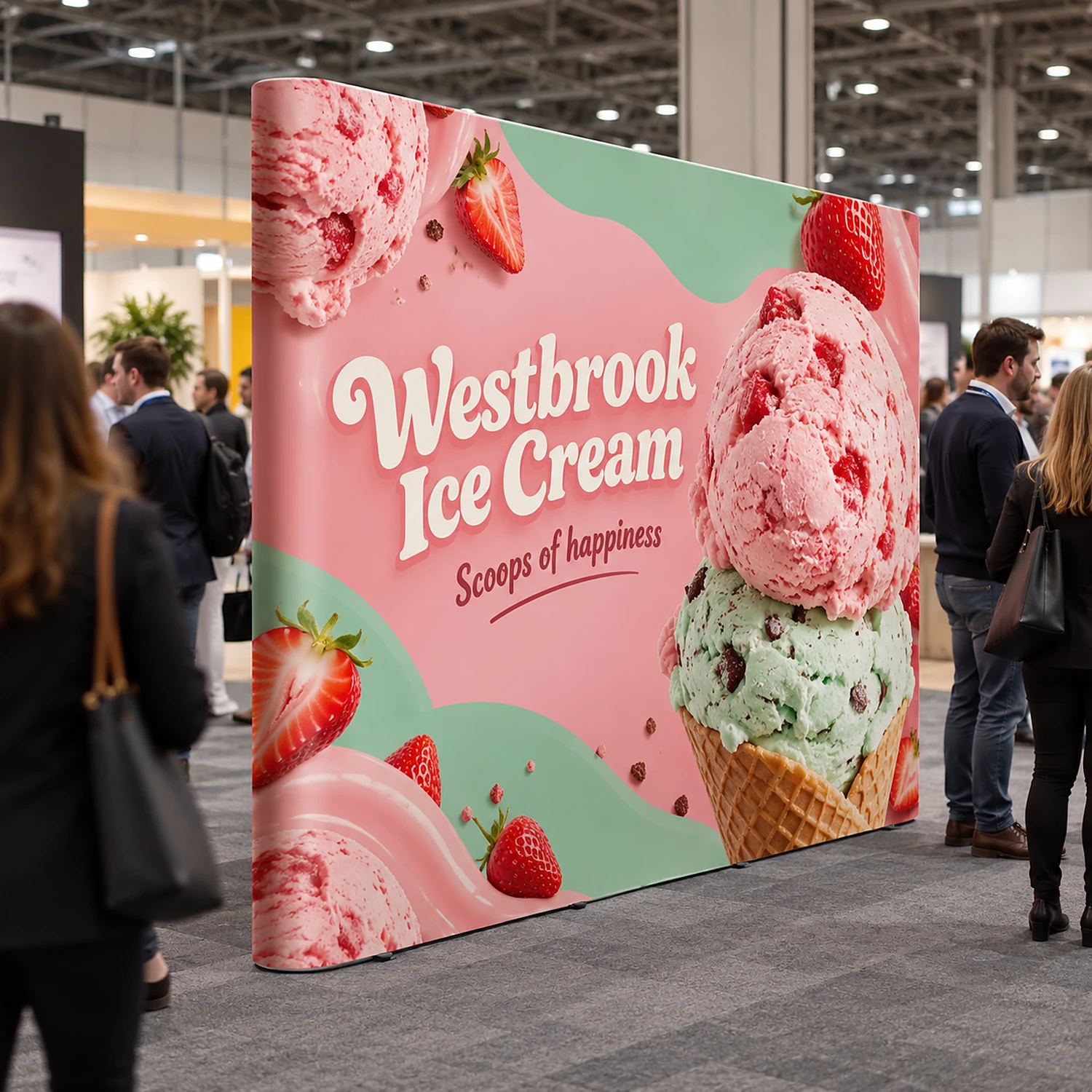 Straight pop up exhibition wall with a full width graphic in a busy exhibition hall