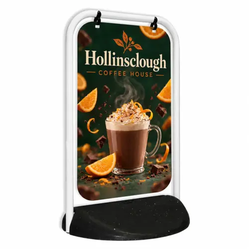 Swinger 2 Pavement Sign - 500mm x 750mm - Double-Sided Print, shown with example artwork