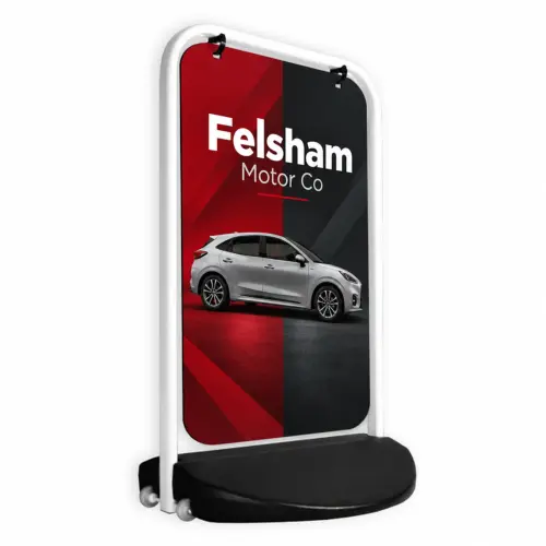 Swinger 3000 Pavement Sign - 588mm x 917mm Double-Sided Display, shown with example artwork