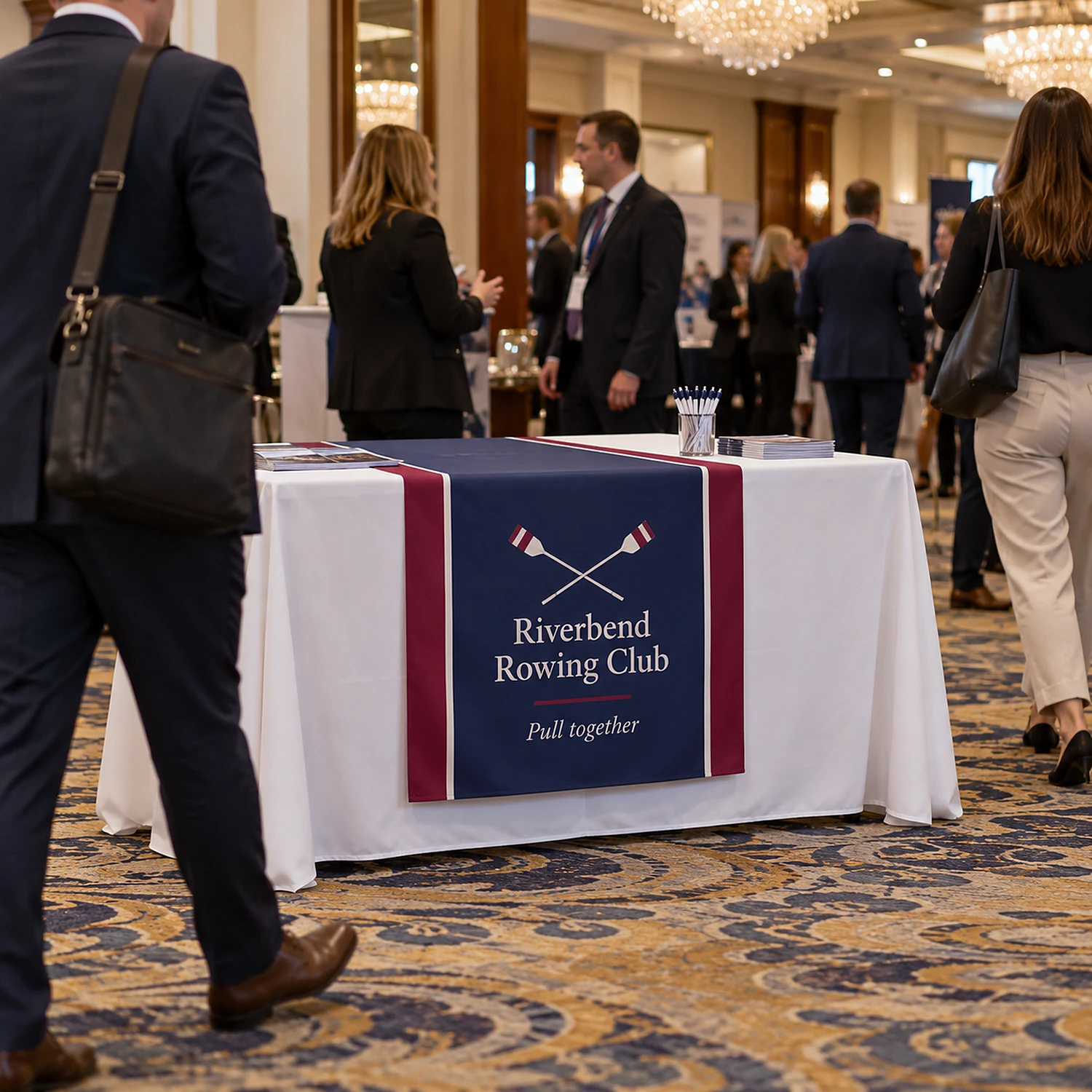 Table Runner Drape 6ft printed table runner at a hotel ballroom exhibition, shown with an example design