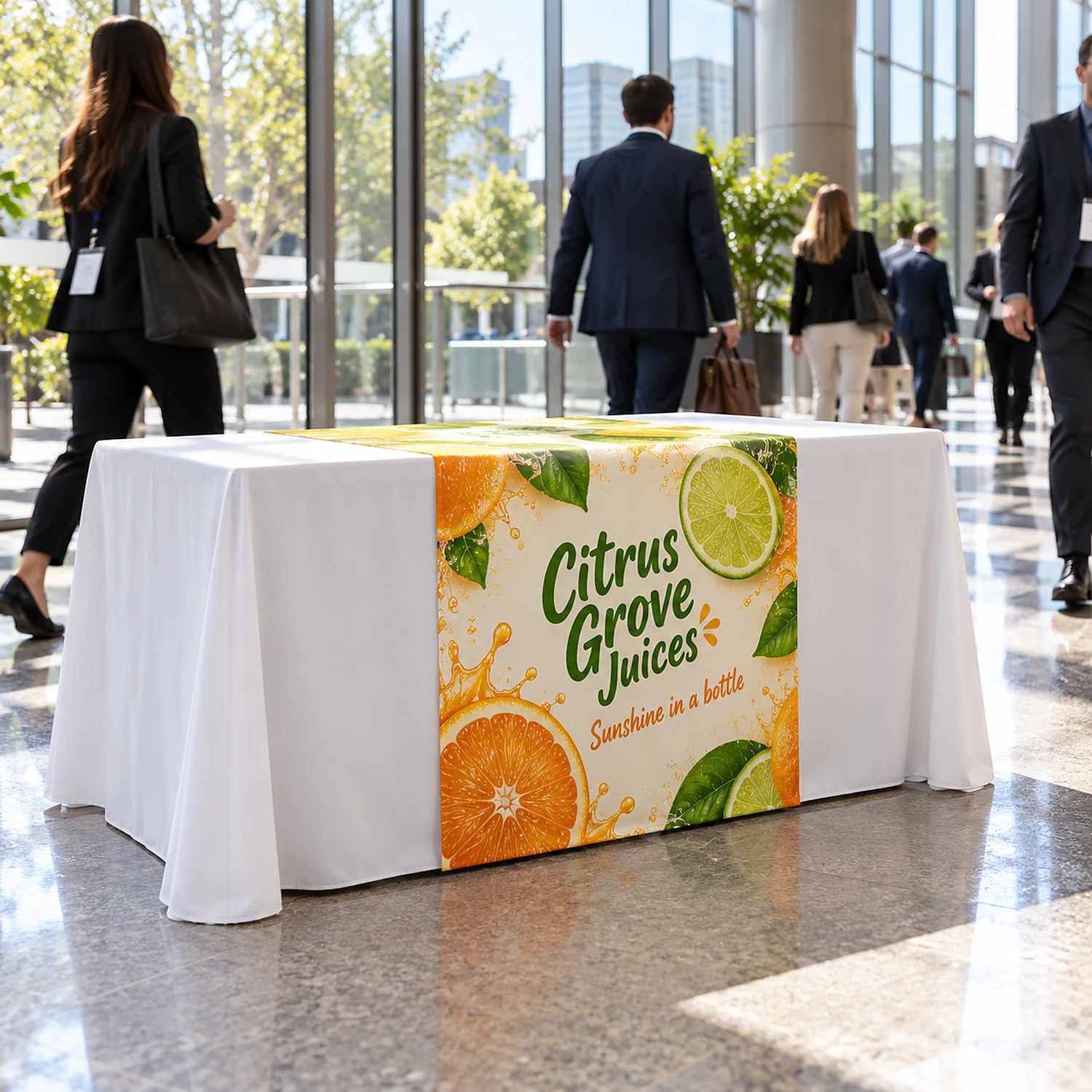 Table Runner Drape 6ft printed table runner in a conference centre foyer, shown with an example design