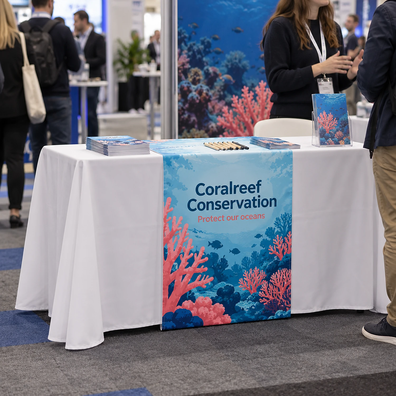 Table Runner Drape 8ft printed table runner at a trade show, shown with an example design