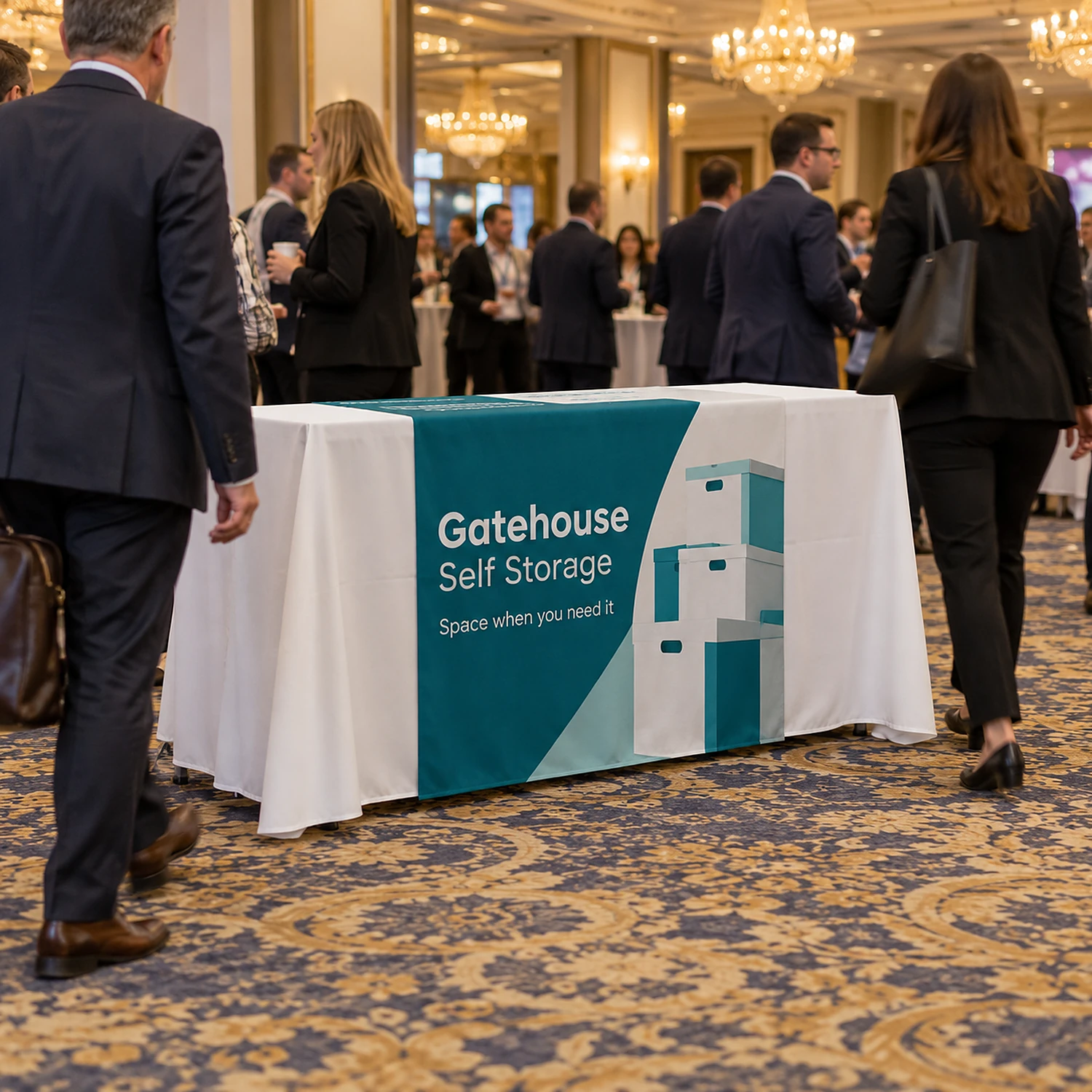 Table Runner Drape 8ft printed table runner at a hotel ballroom exhibition, shown with an example design