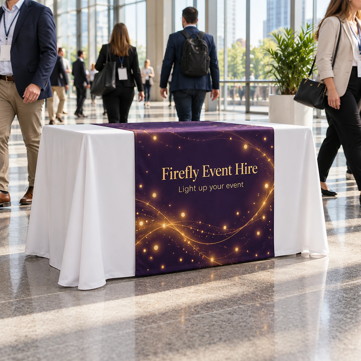 Table Runner Drape 8ft printed table runner in a conference centre foyer, shown with an example design