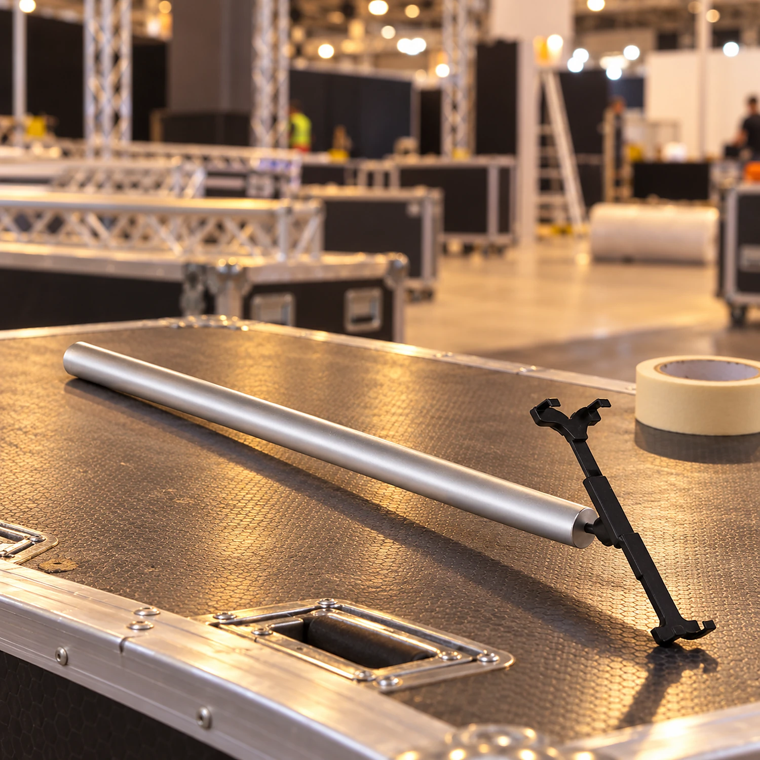 Tablet holder on a flight case during stand build-up