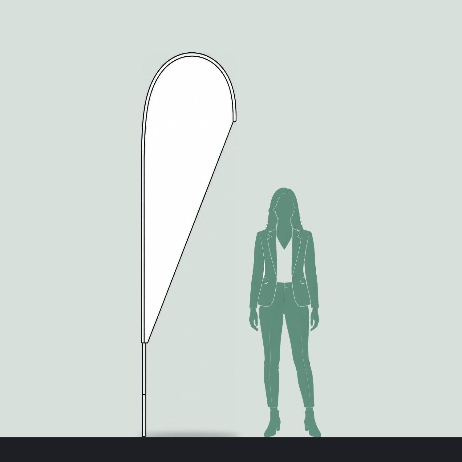 Teardrop fibreglass flag size guide, 650mm wide x 2620mm high, shown next to a person for scale