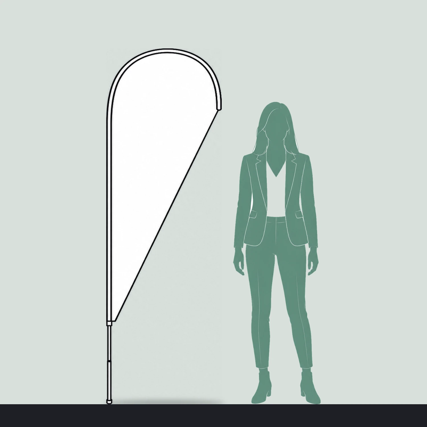 Teardrop flag size guide, 0.65 m wide by 2 m high, shown next to a person